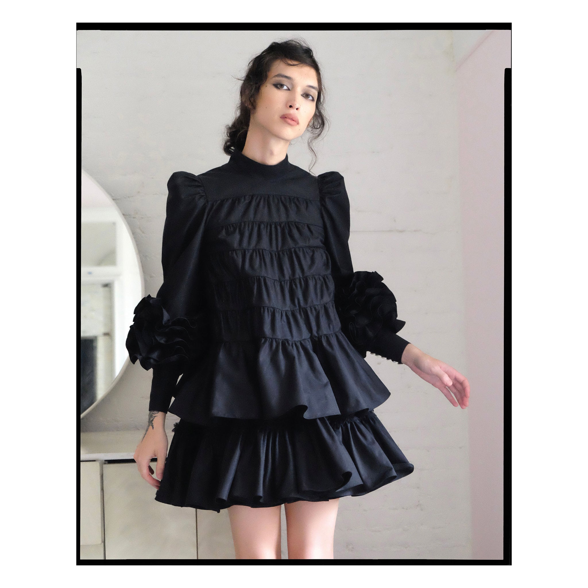 Black Poplin Ruffle Sleeve Trapeze Top