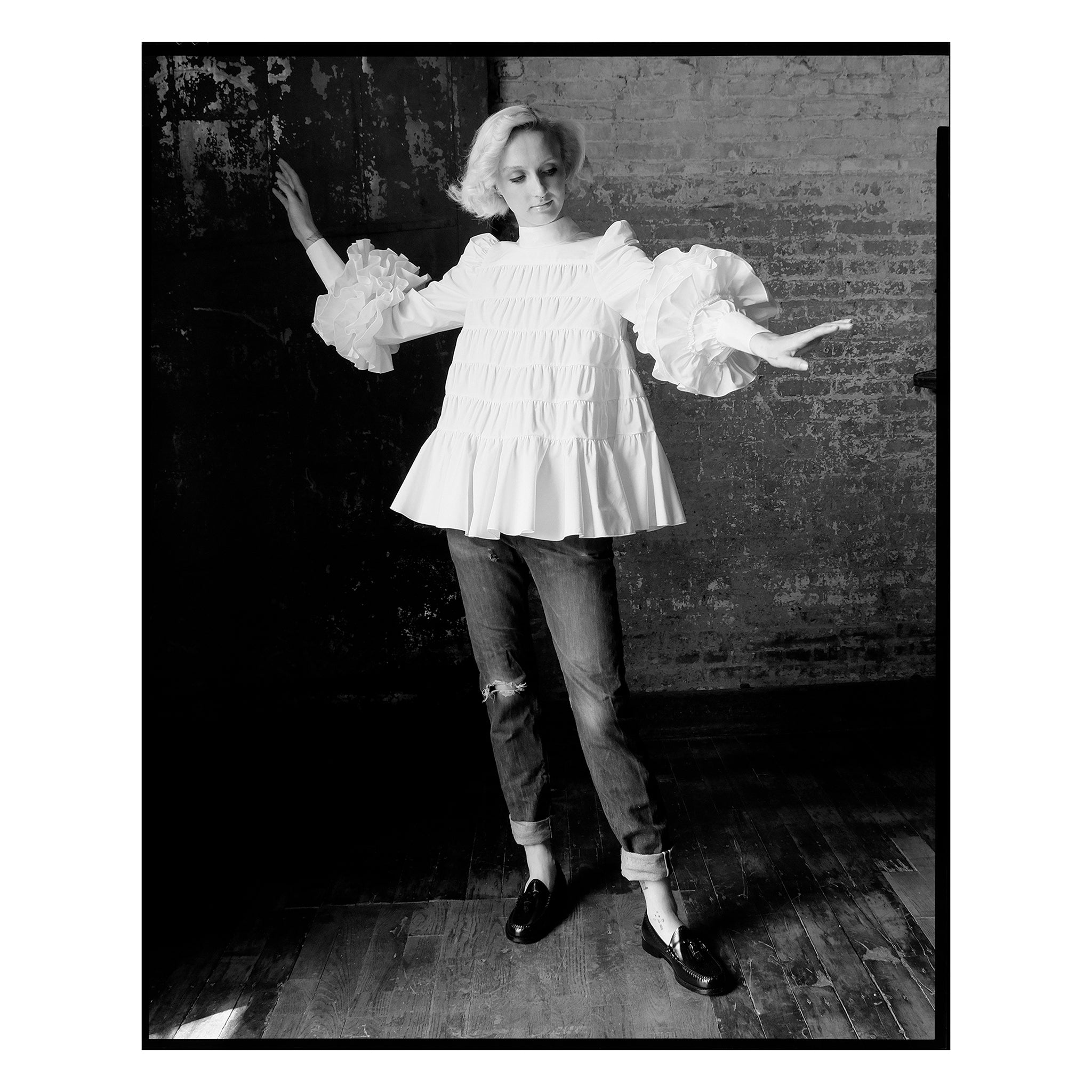 White Poplin Ruffle Sleeve Trapeze Top