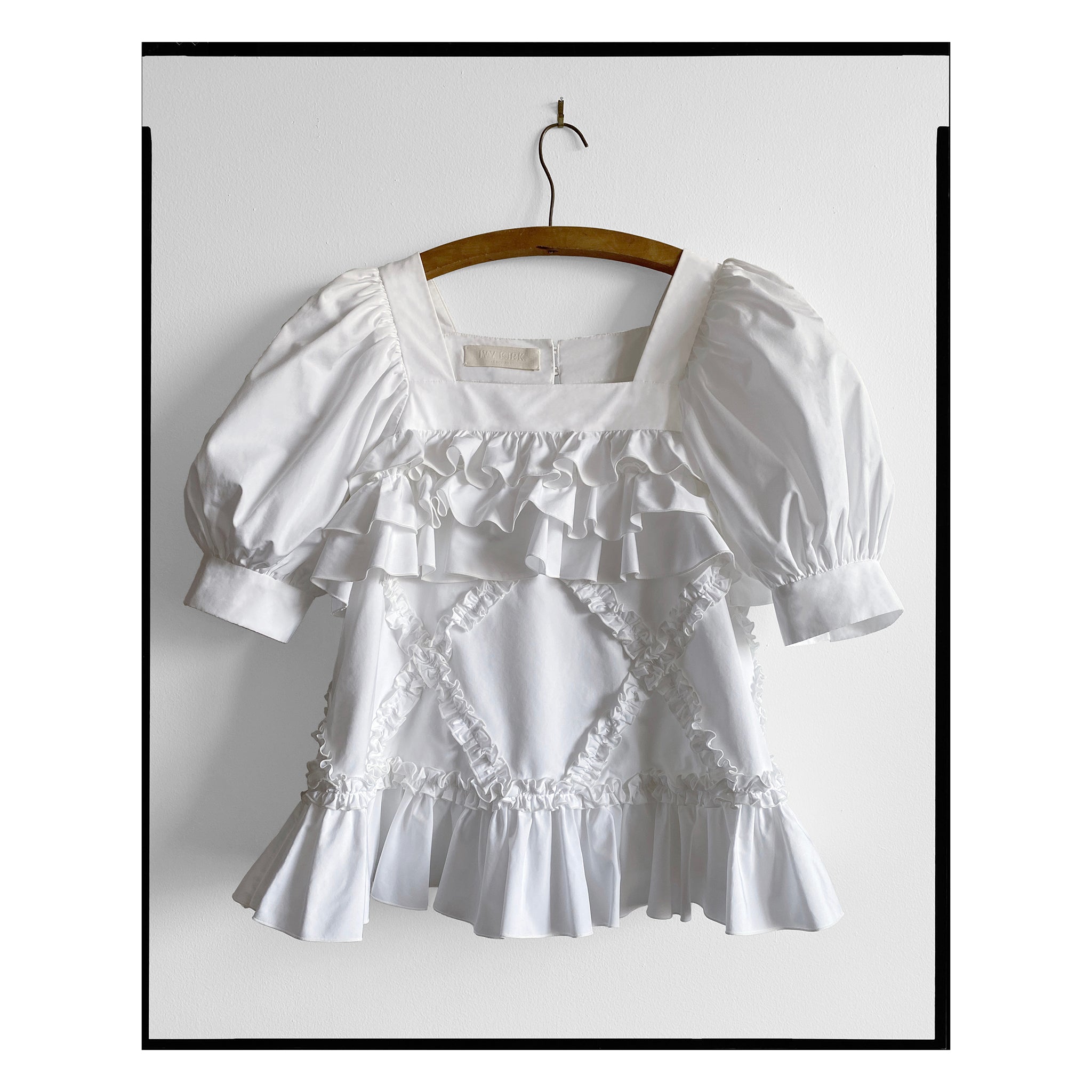 White Poplin Square Diamond Ruffle Top