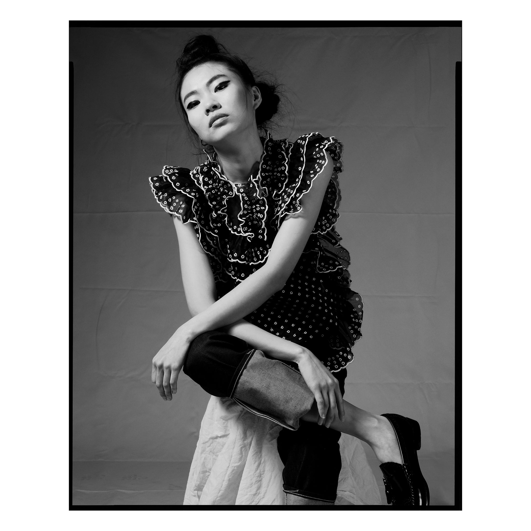 Black & White San Gallo Organdy Ruffle Top