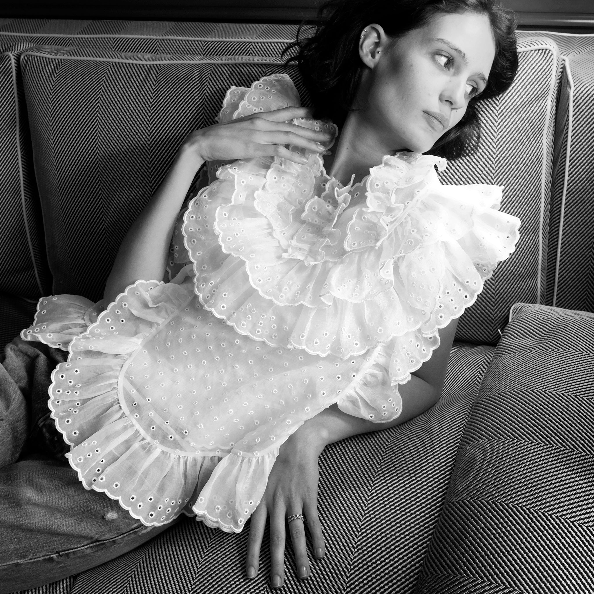 White San Gallo Organdy Ruffle Top