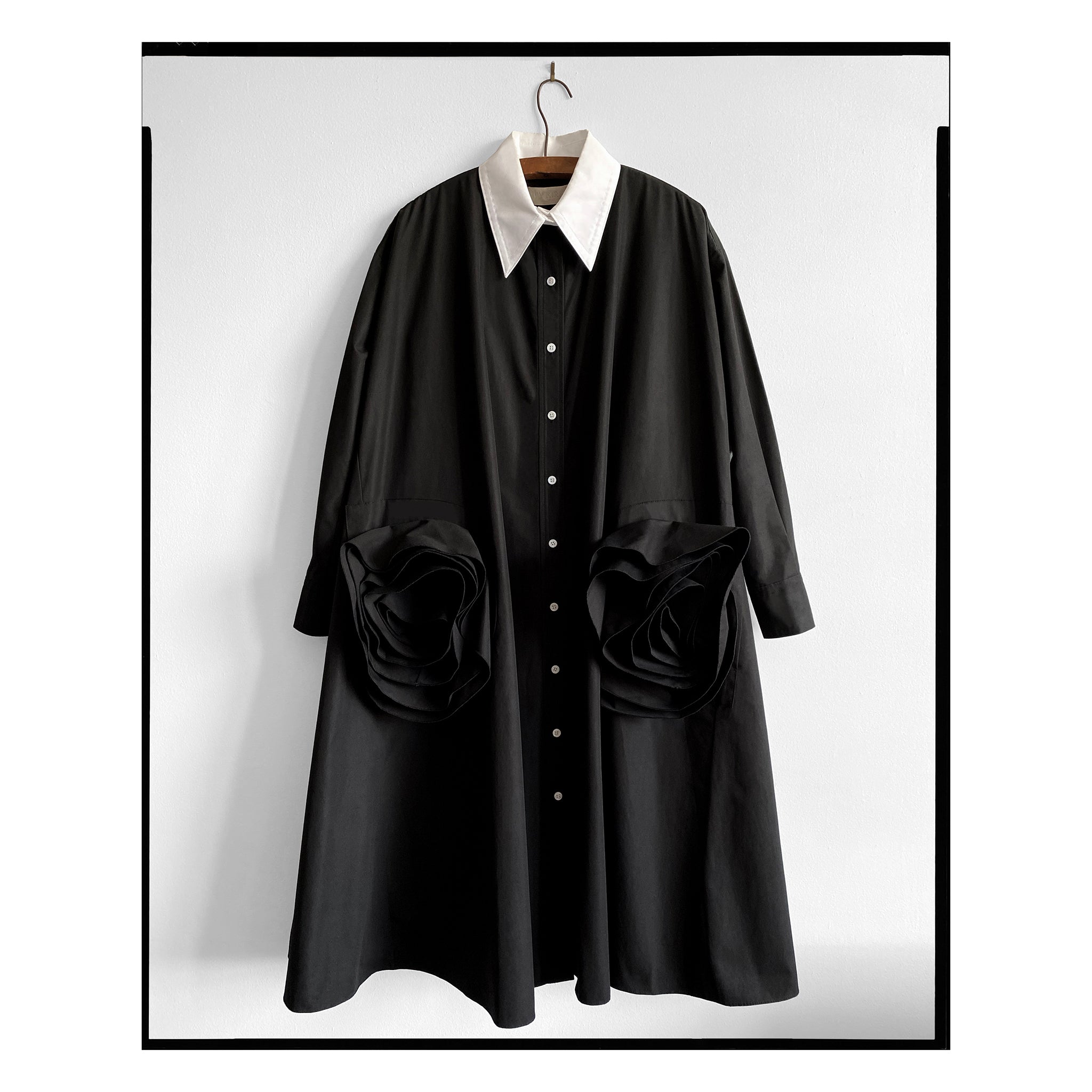 Black Poplin Rose Pocket Trapeze Shirt Dress