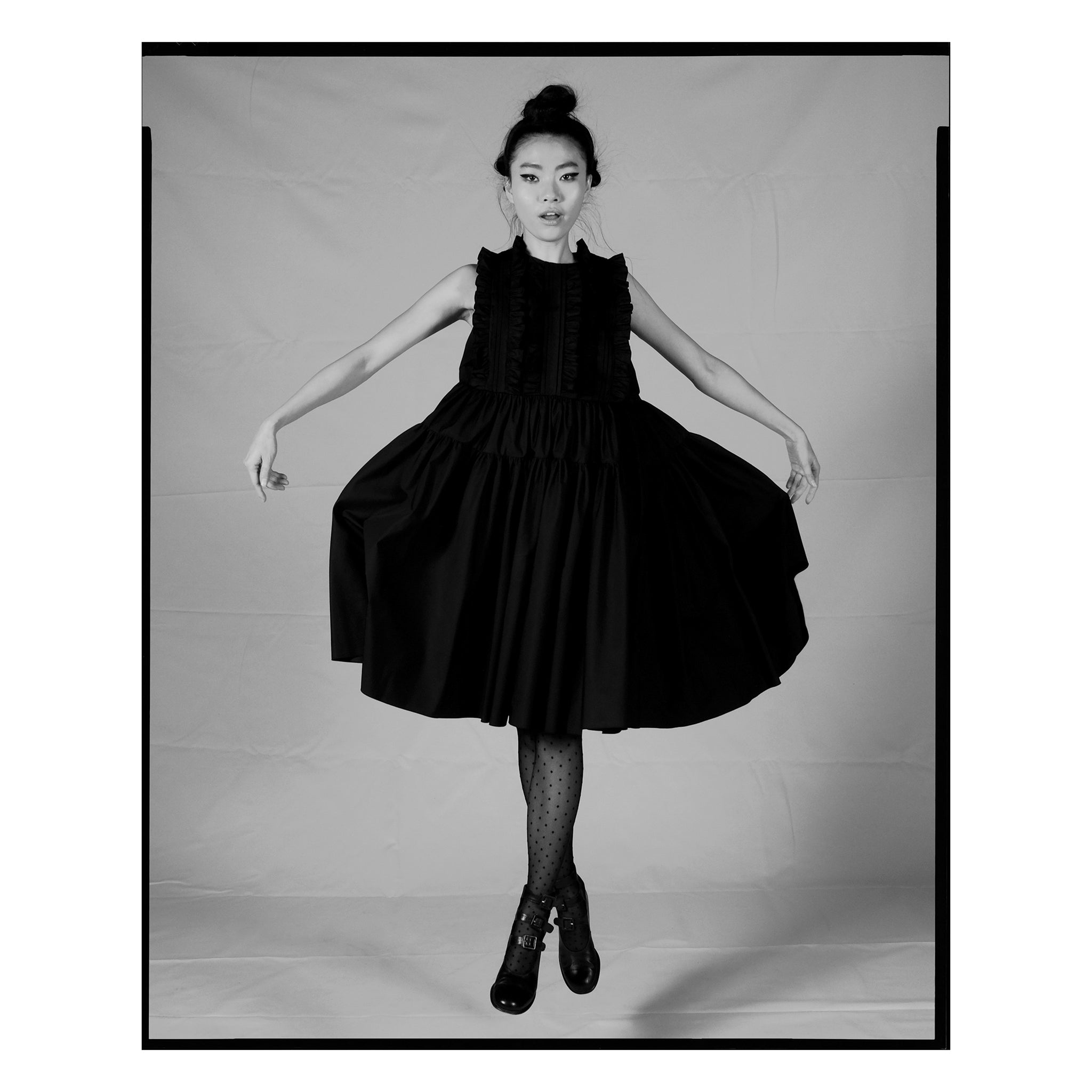Black Poplin Pintuck Ruffle Flared Dress