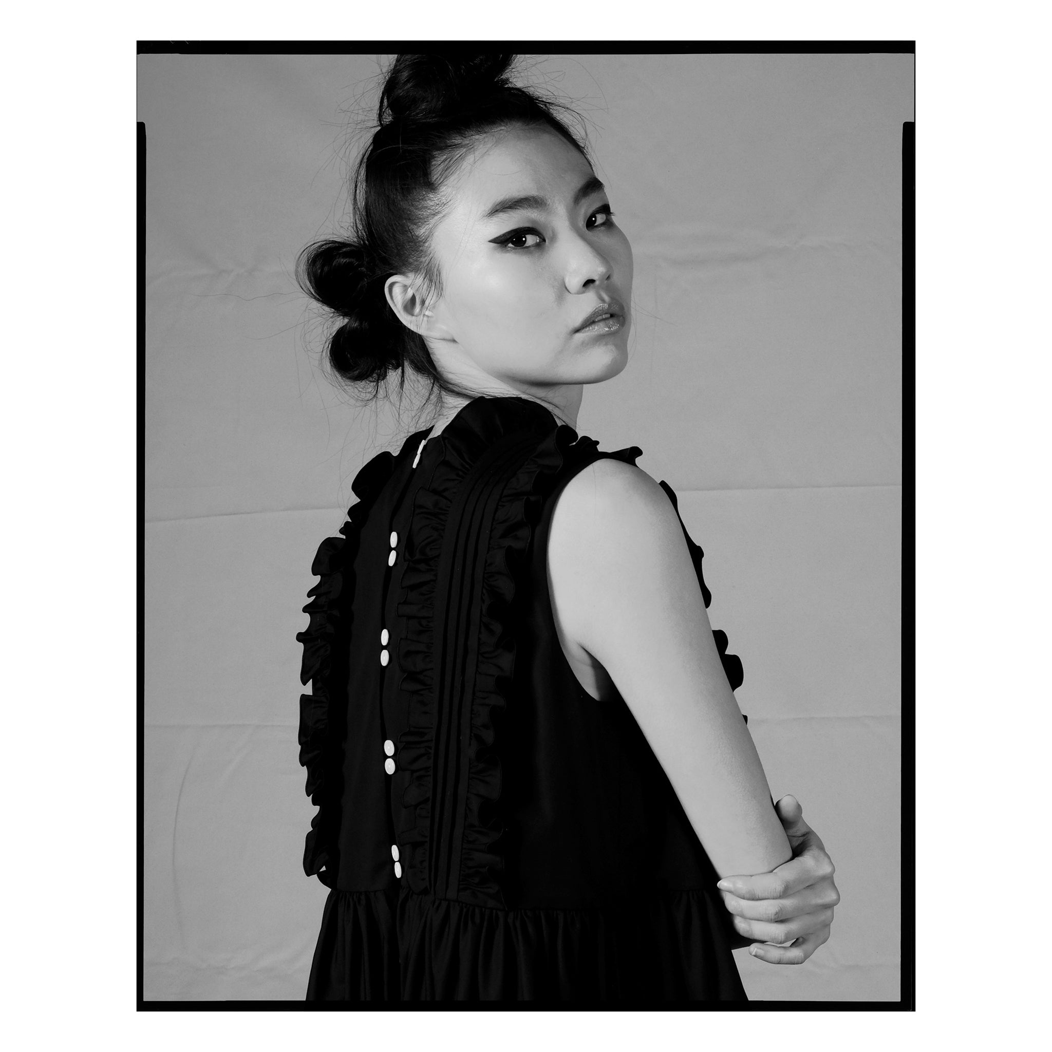 Black Poplin Pintuck Ruffle Flared Dress