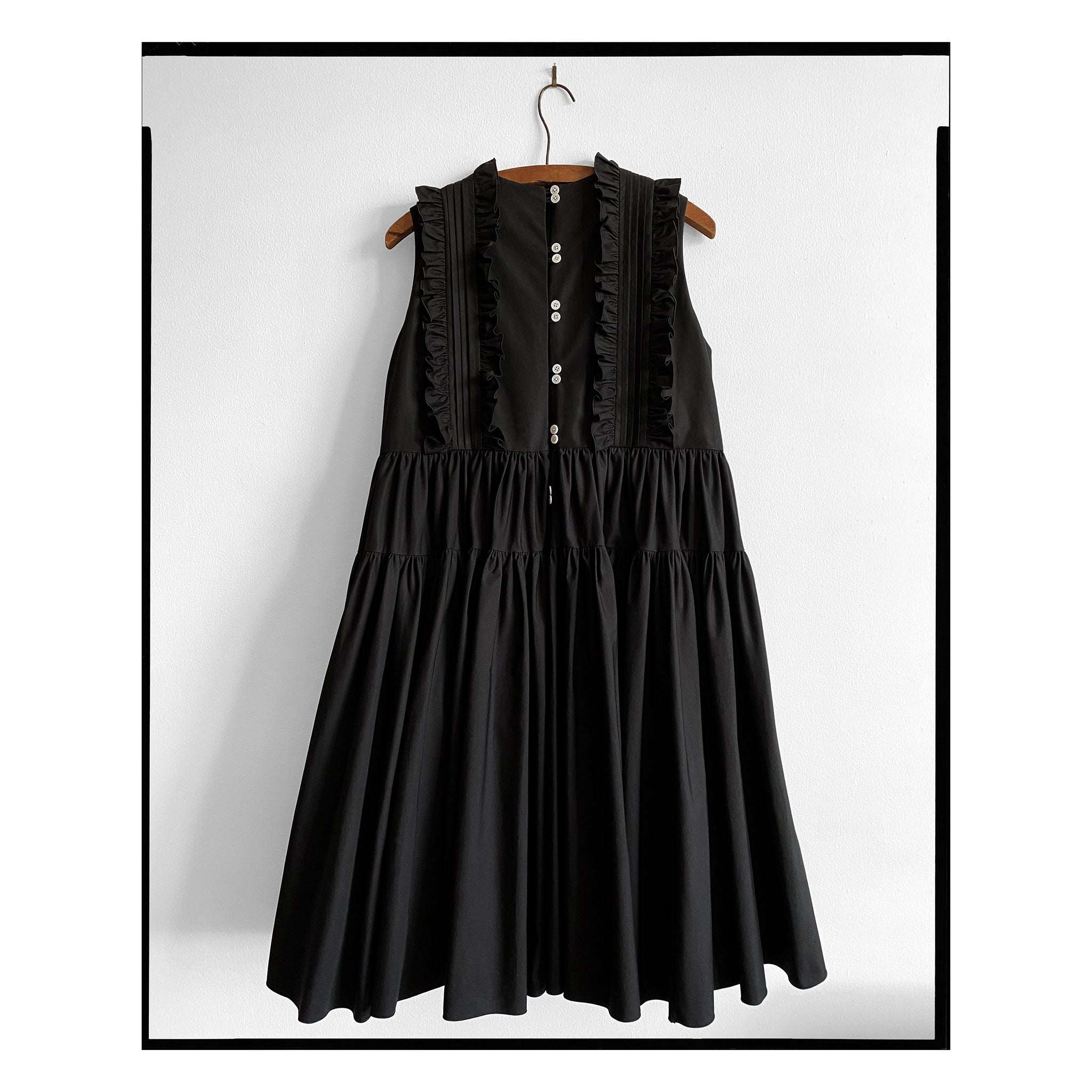 Black Poplin Pintuck Ruffle Flared Dress