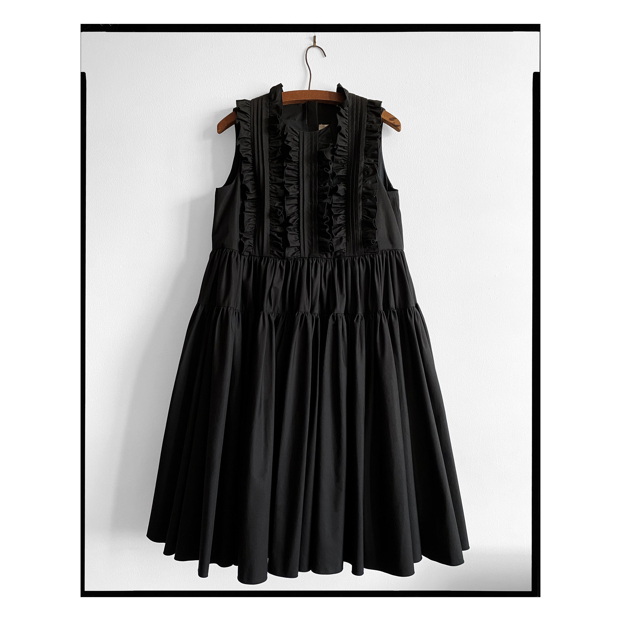 Black Poplin Pintuck Ruffle Flared Dress