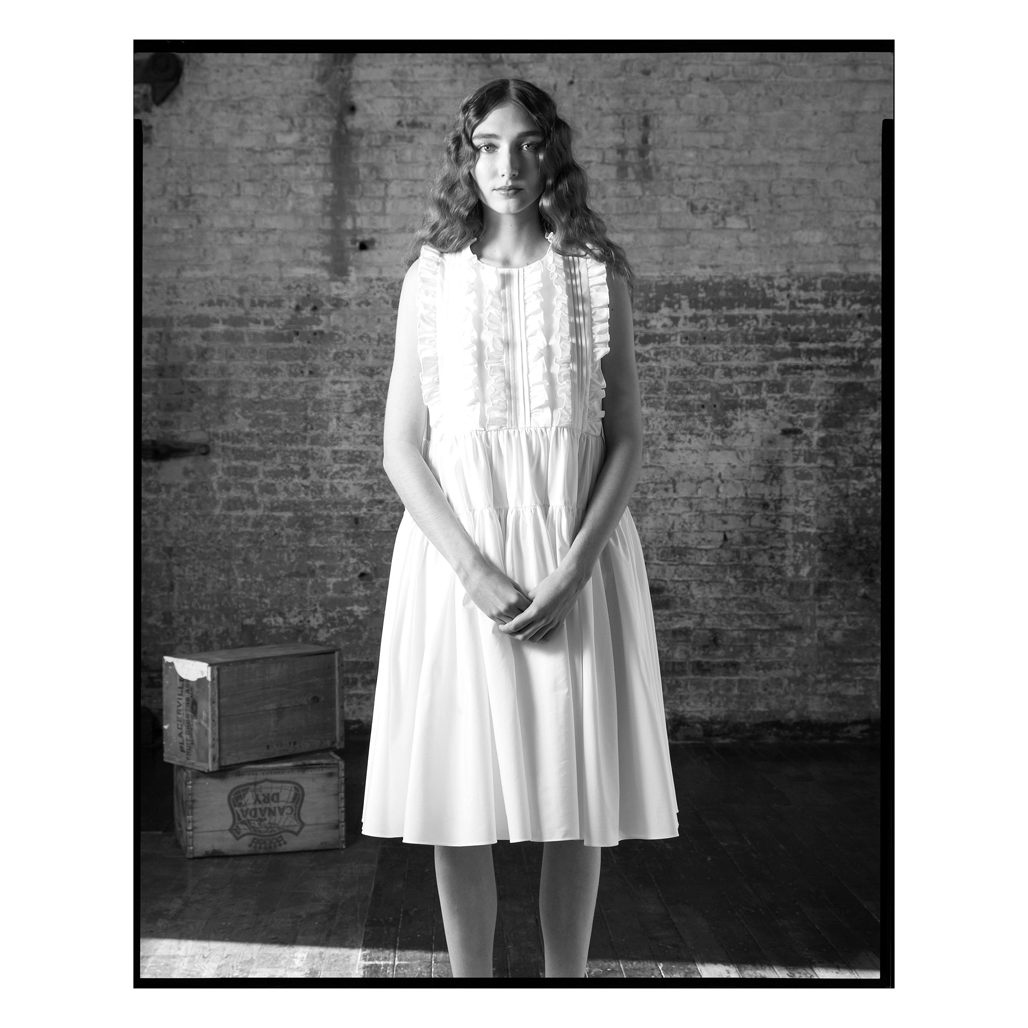 White Poplin Pintuck Ruffle Flared Dress