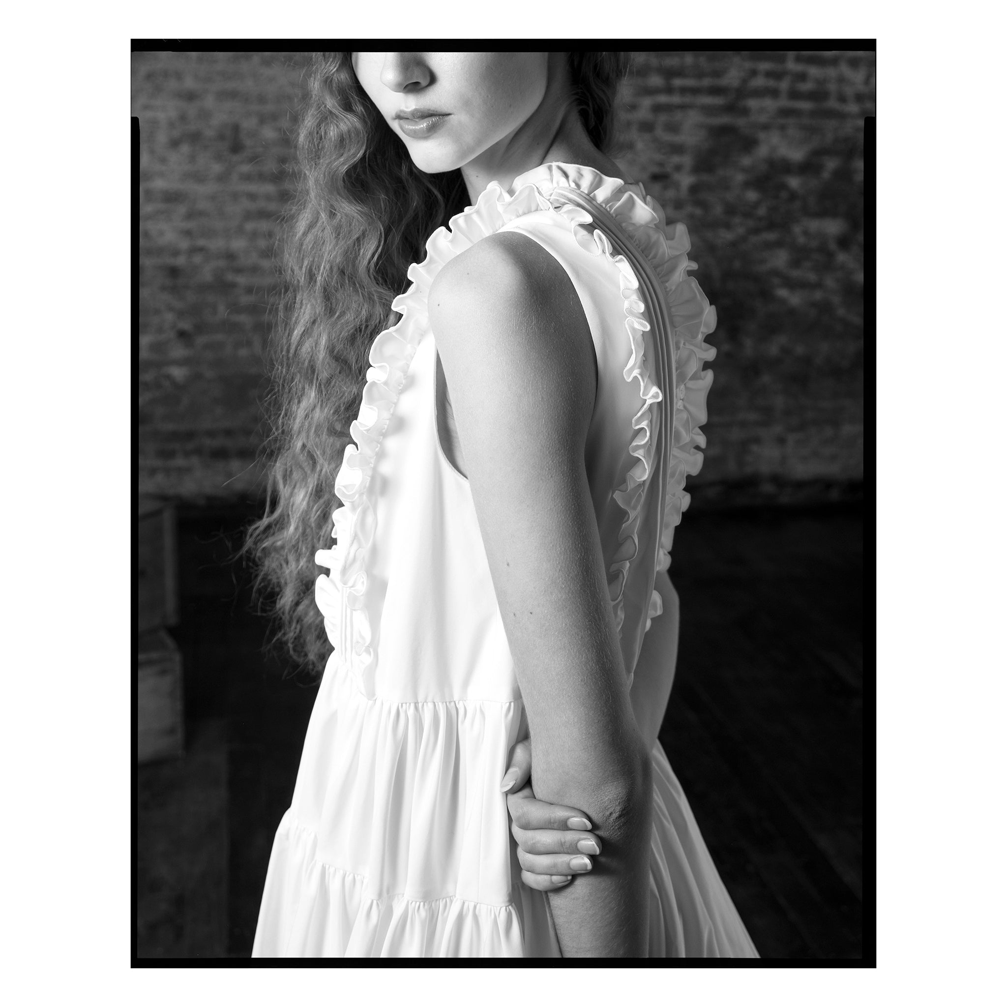 White Poplin Pintuck Ruffle Flared Dress