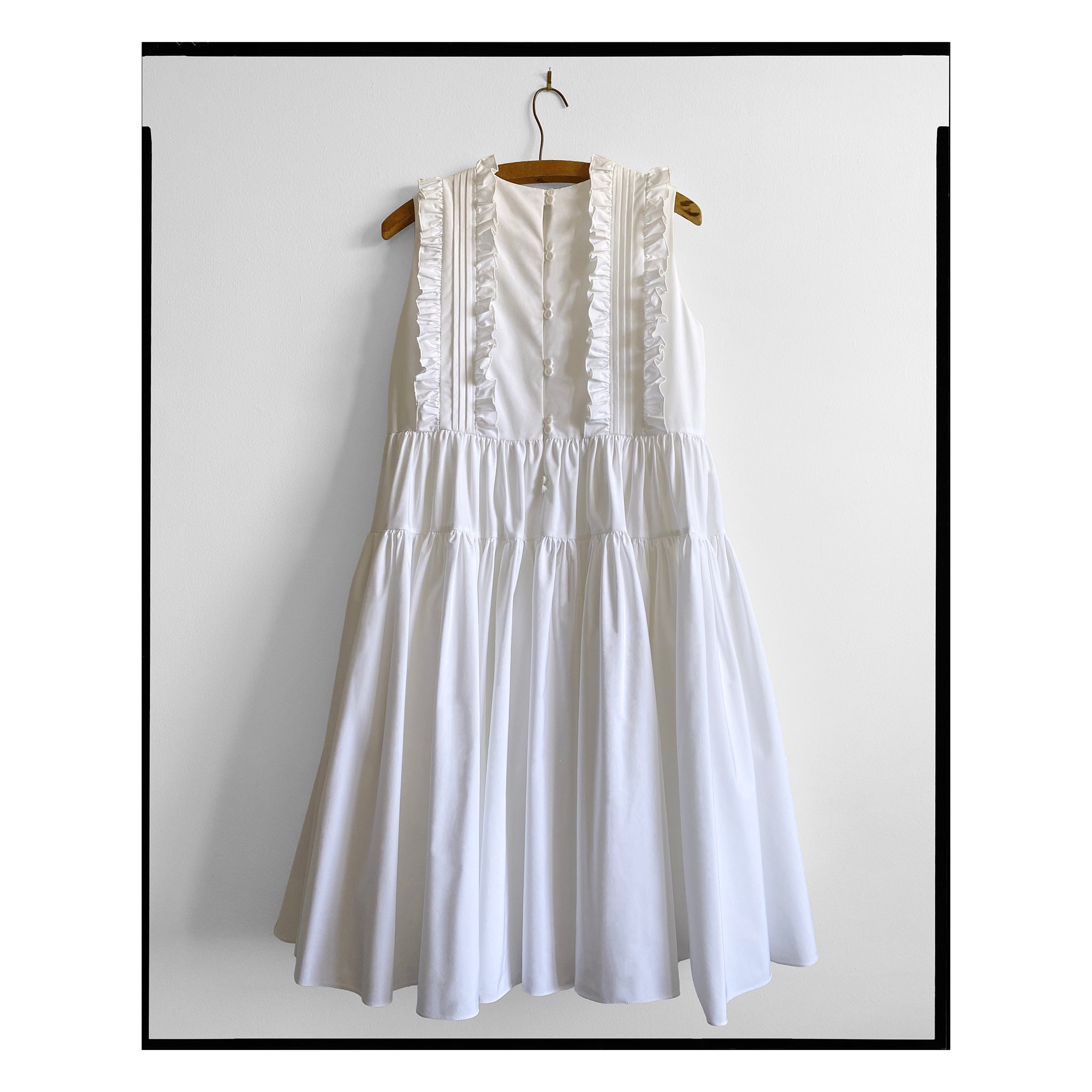 White Poplin Pintuck Ruffle Flared Dress