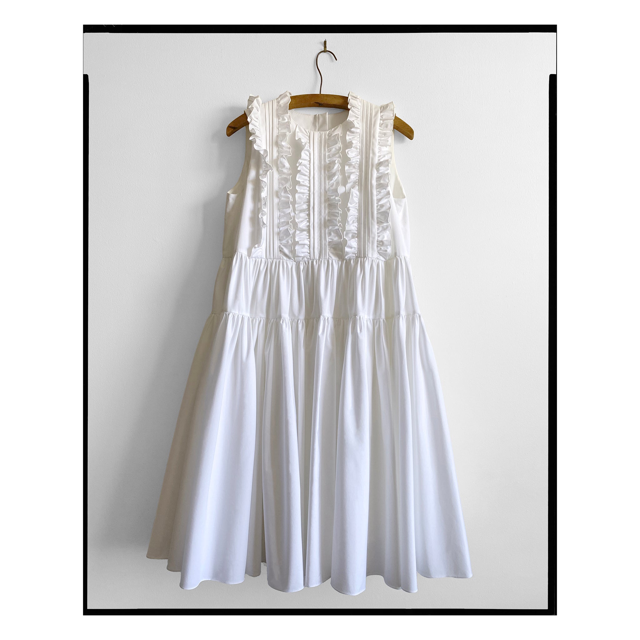 White Poplin Pintuck Ruffle Flared Dress