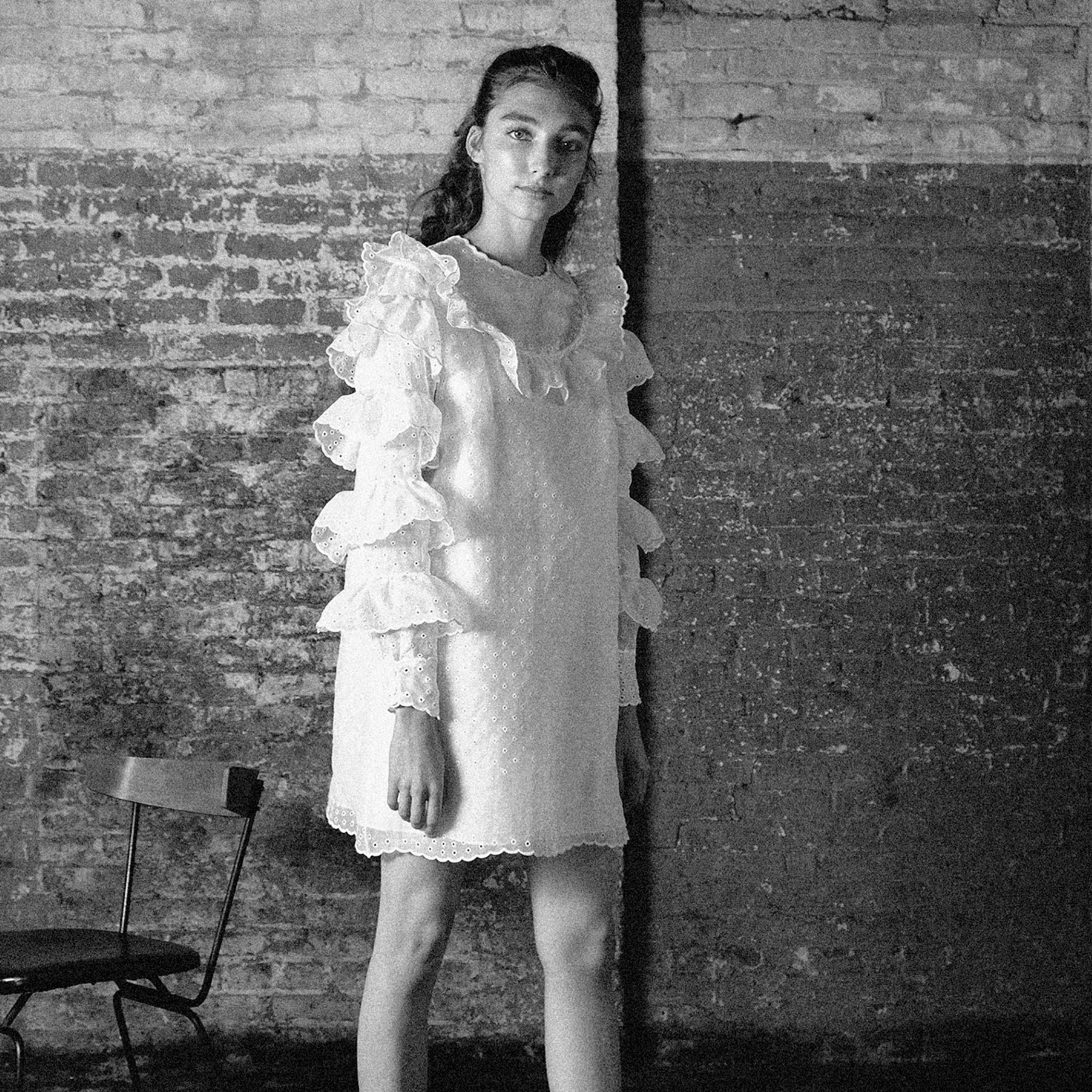 San Gallo Organdy Ruffle Sleeve Shift Dress