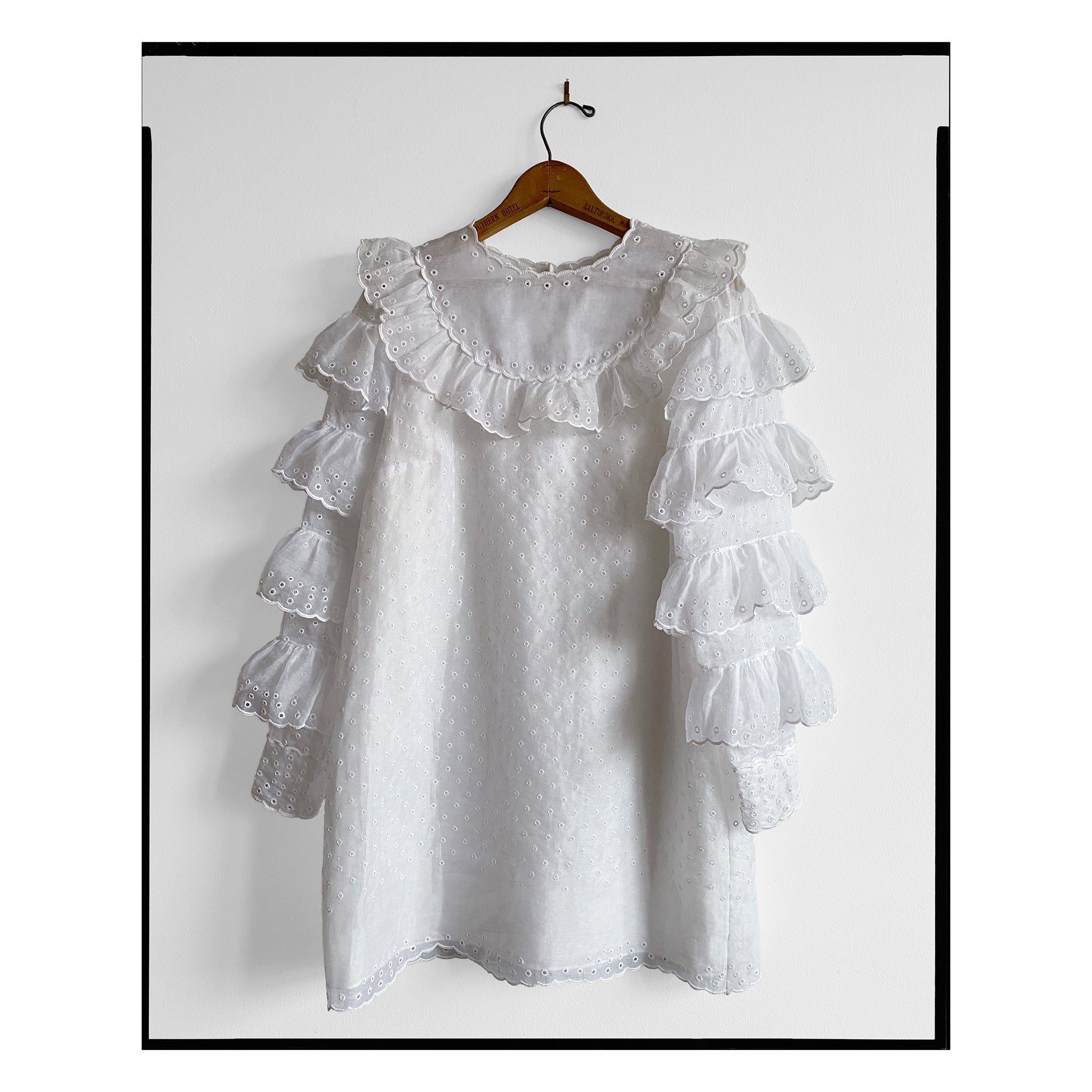 White San Gallo Organdy Ruffle Shift Dress