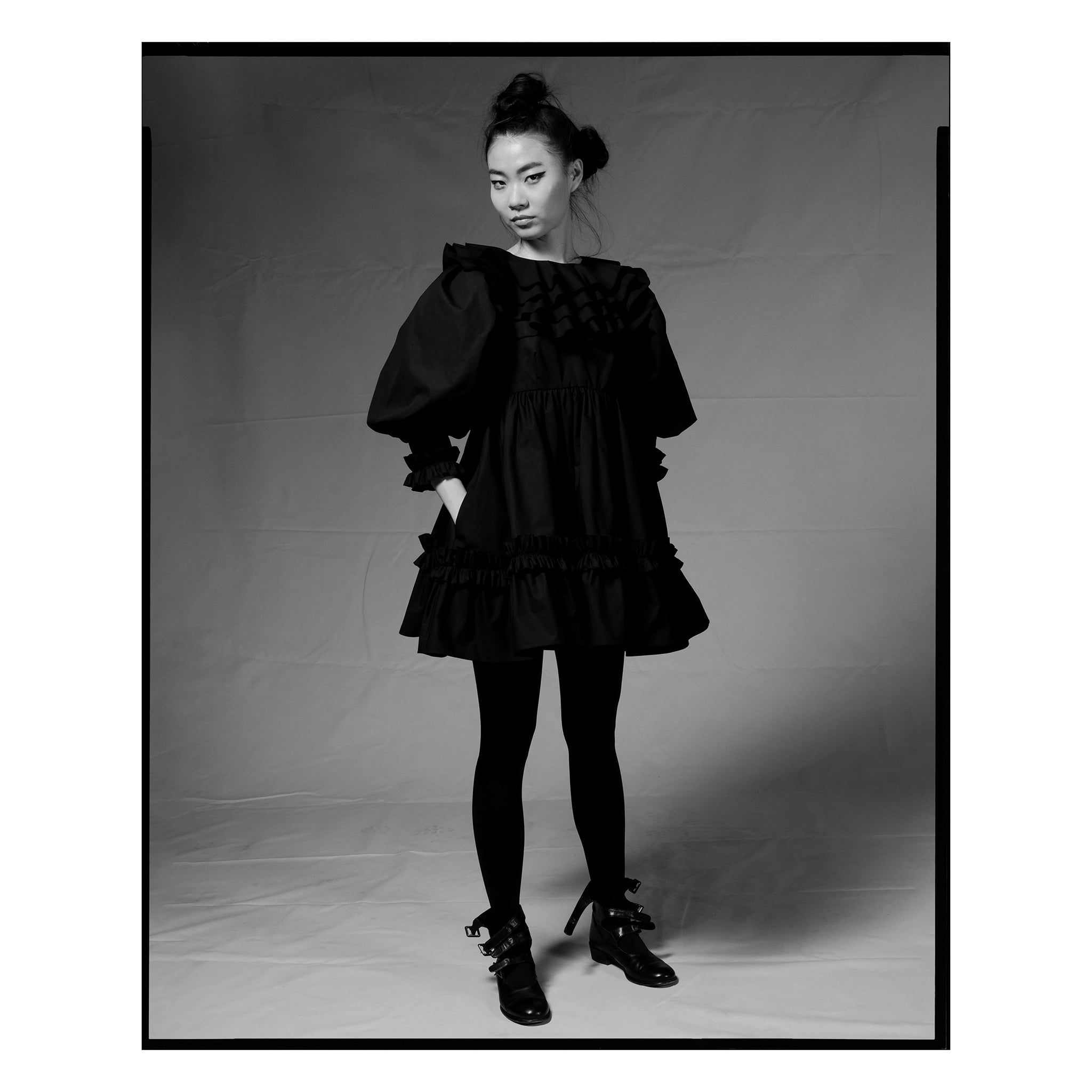 Black Poplin Ruffle Neck Babydoll Dress