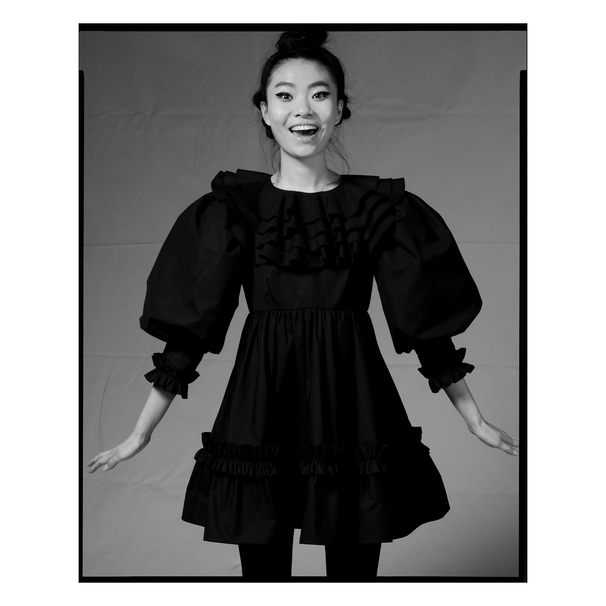 Black Poplin Ruffle Neck Babydoll Dress