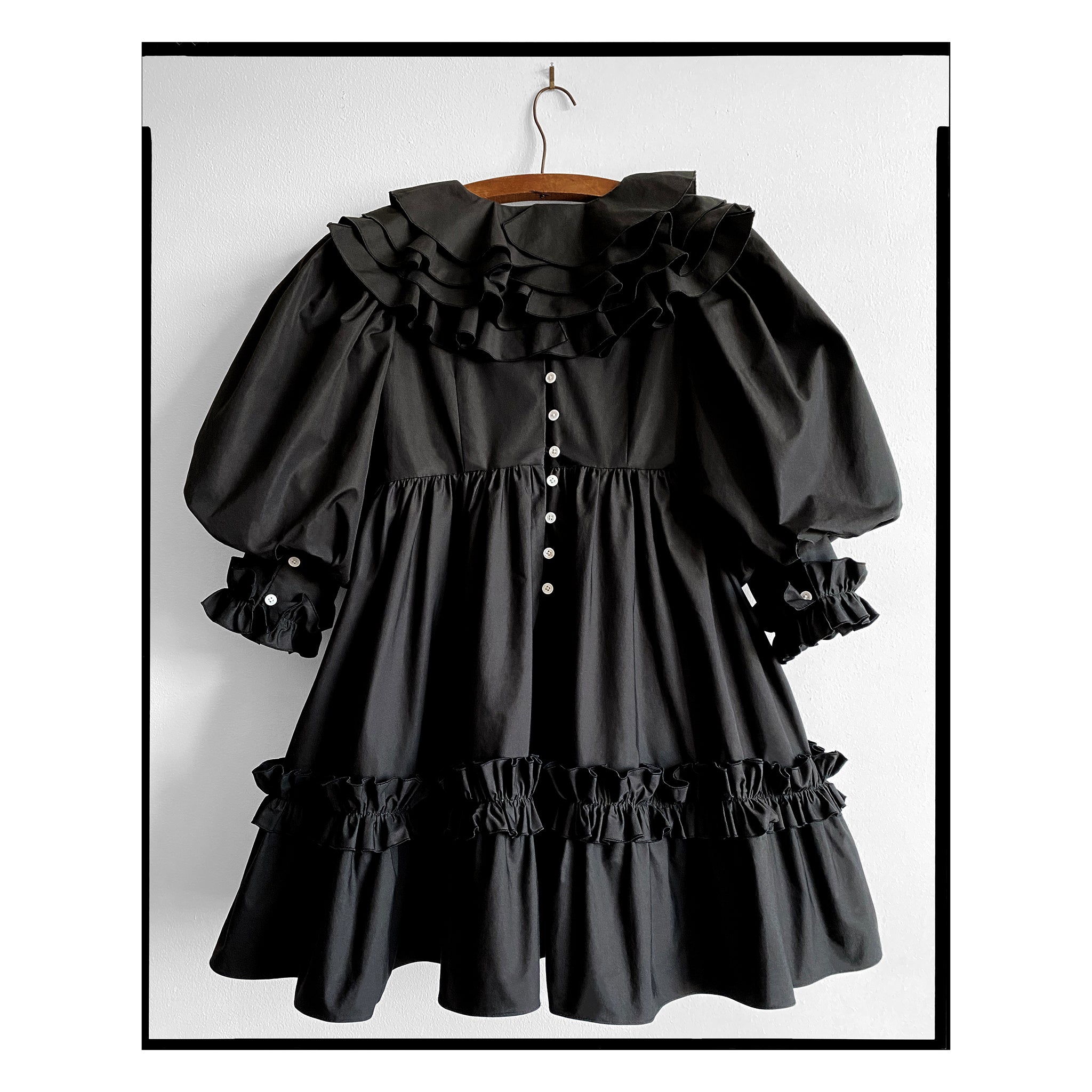 Black Poplin Ruffle Neck Babydoll Dress