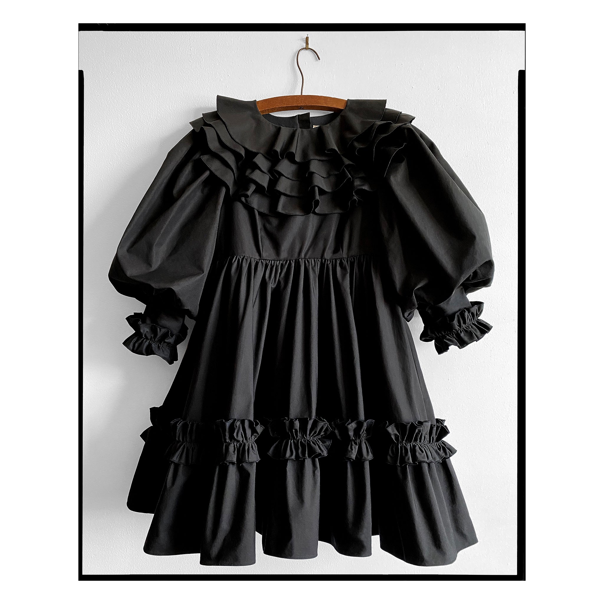Black Poplin Ruffle Neck Babydoll Dress