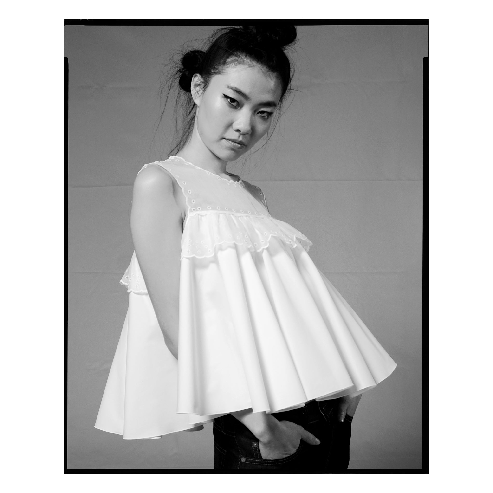 White San Gallo Organdy Yoke Poplin Swing Top