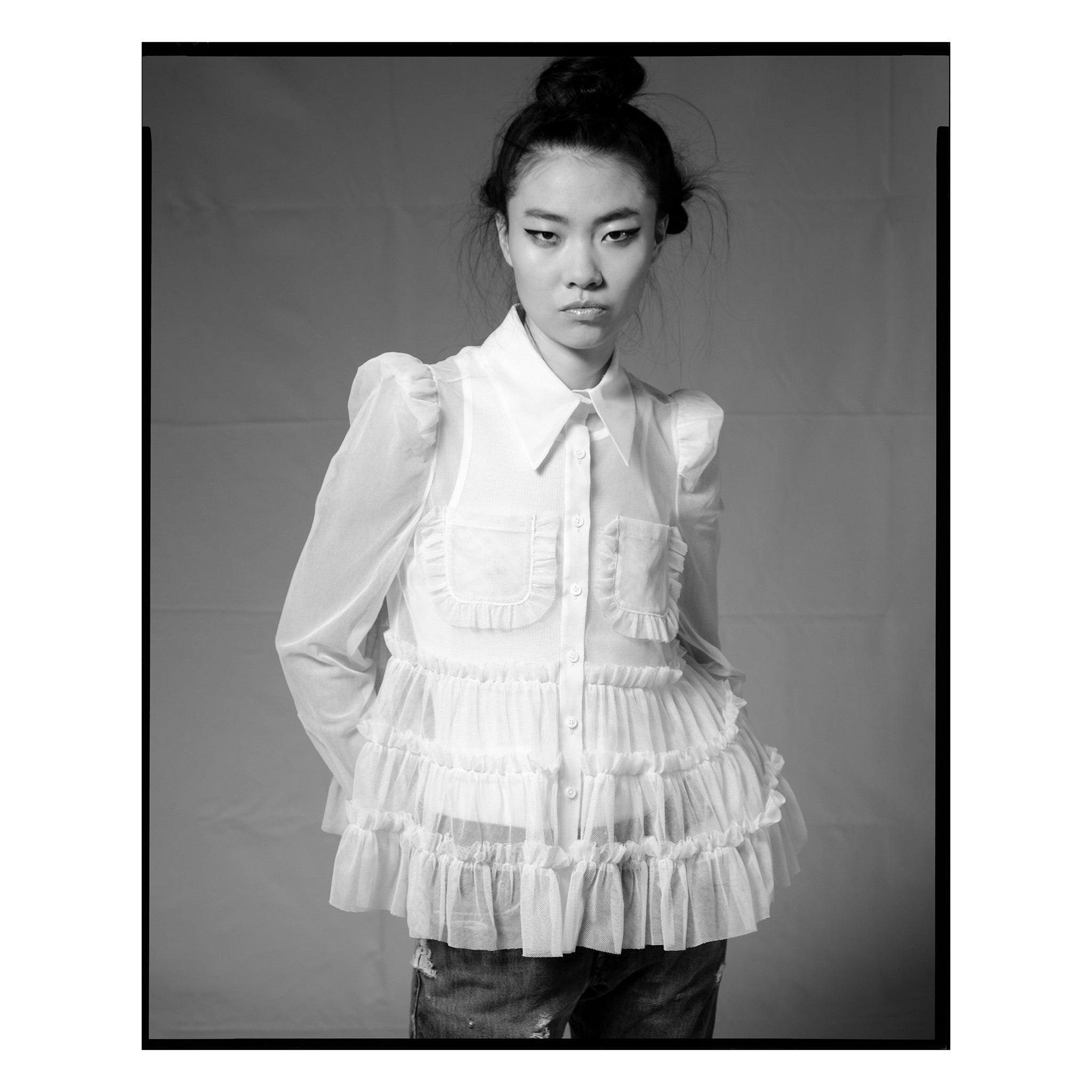 Ivory Cotton Tulle Ruffle Western Shirt