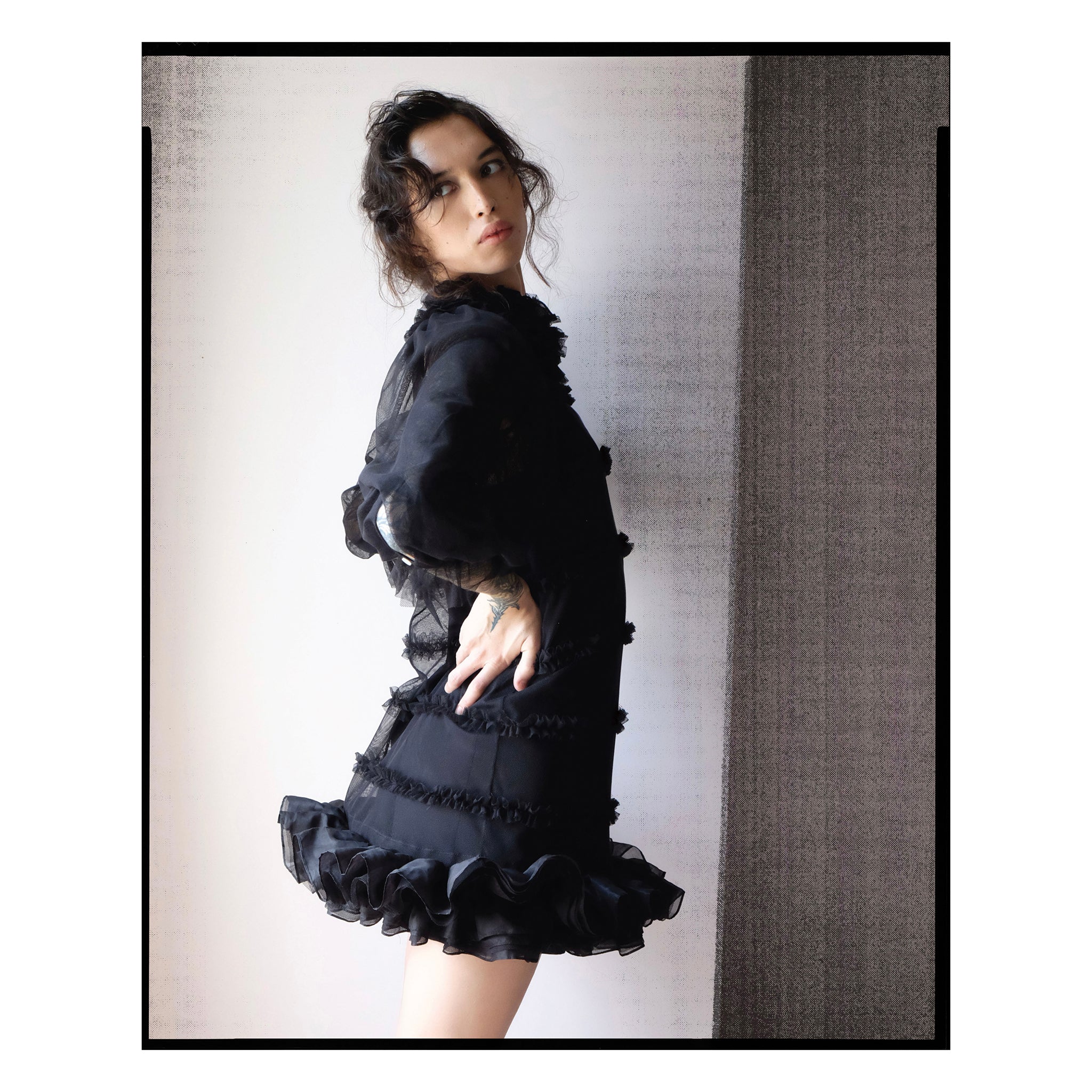 Black Cotton Tulle Ruffle Hem Shift Dress