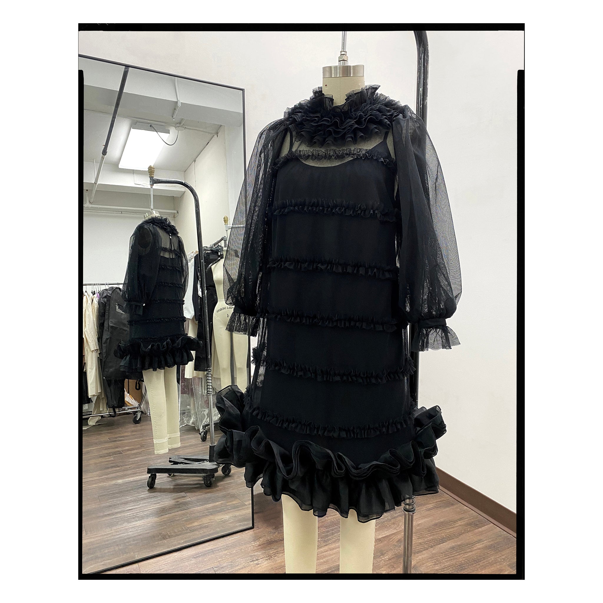 Black Cotton Tulle Ruffle Hem Shift Dress