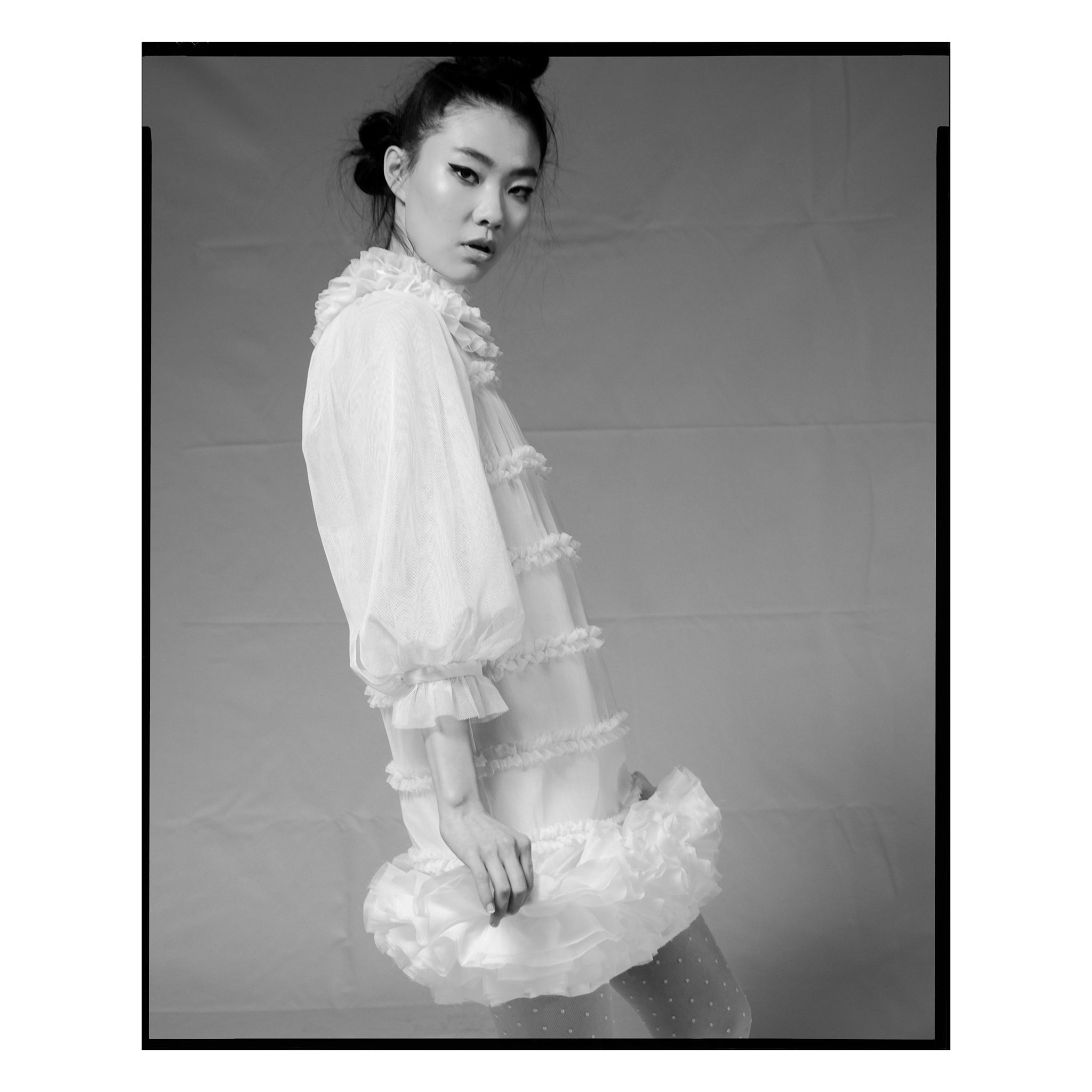 Ivory Cotton Tulle Ruffle Hem Shift Dress