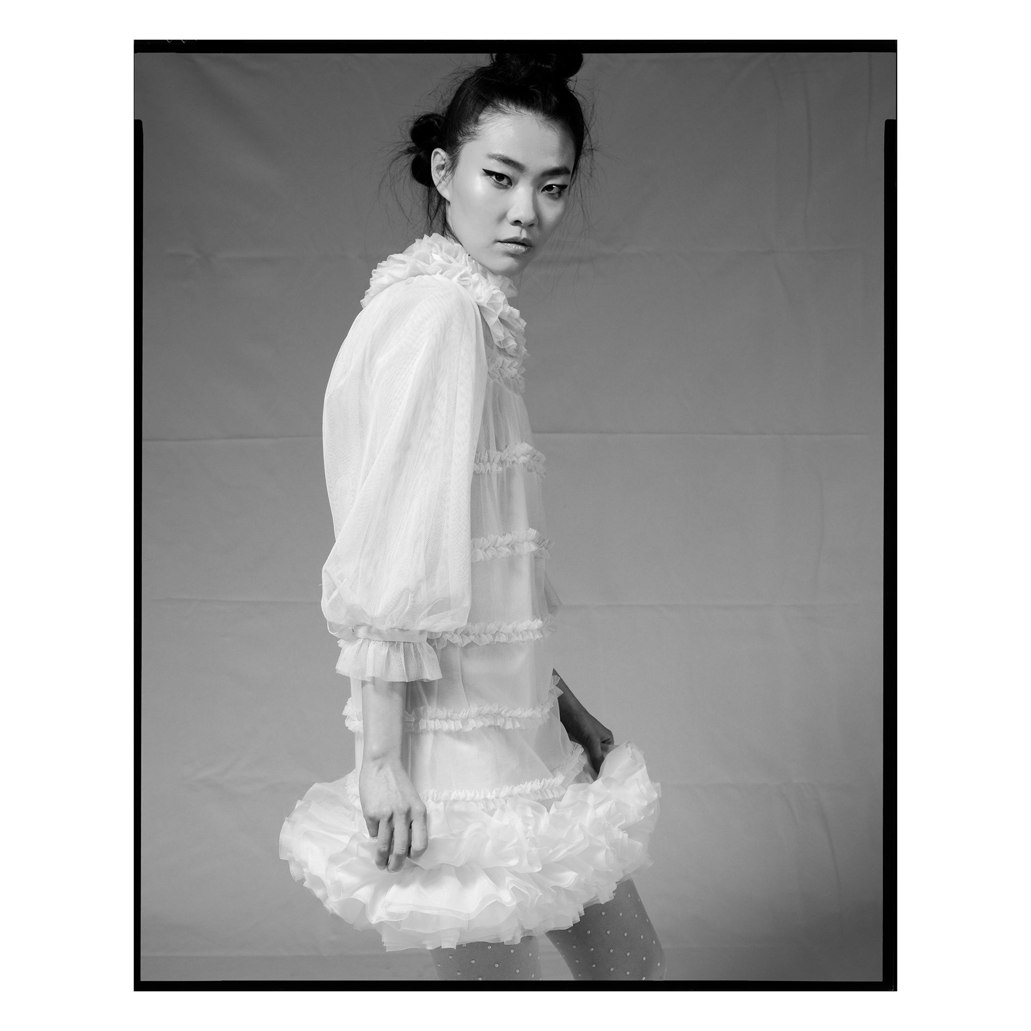 Ivory Cotton Tulle Ruffle Hem Shift Dress