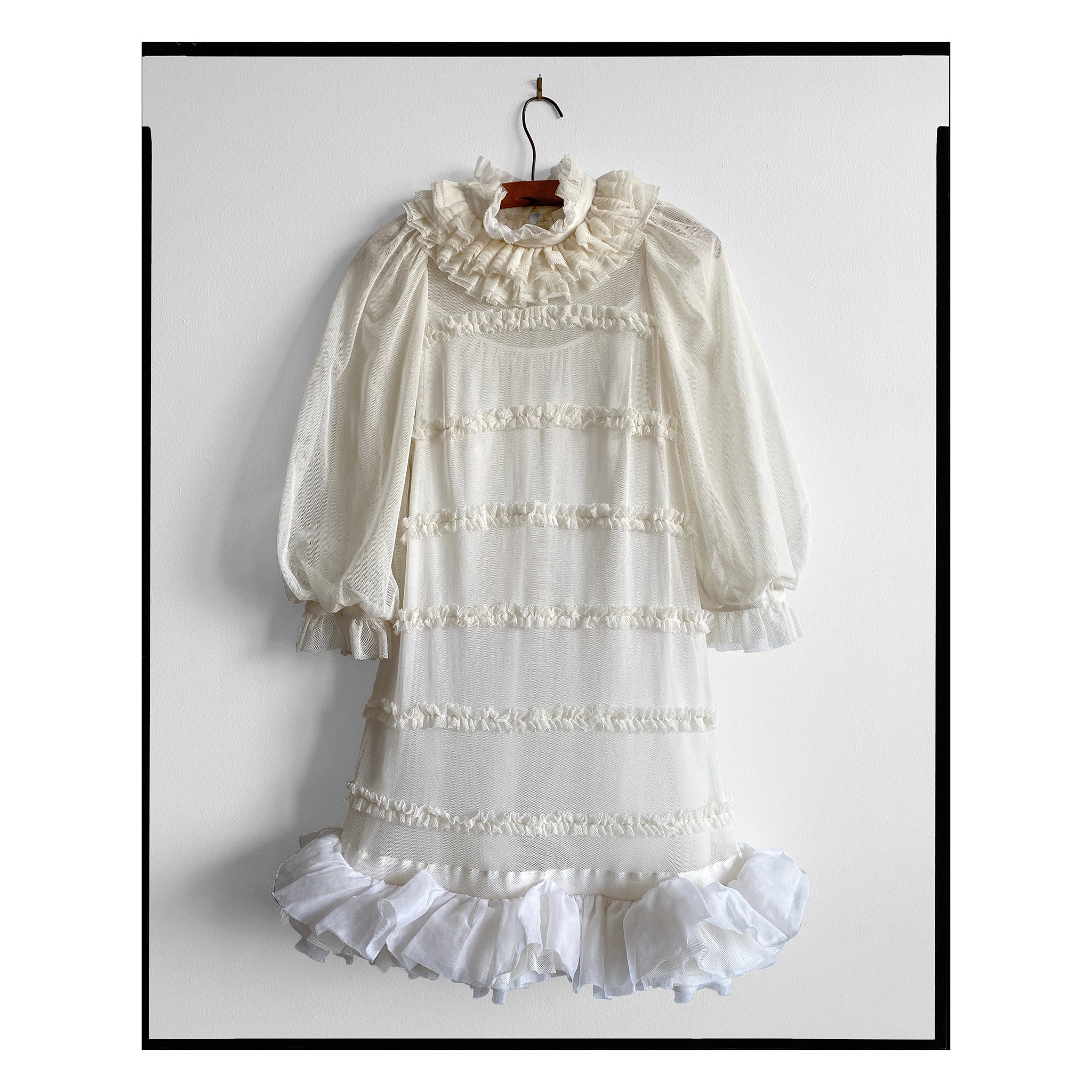 Ivory Cotton Tulle Ruffle Hem Shift Dress