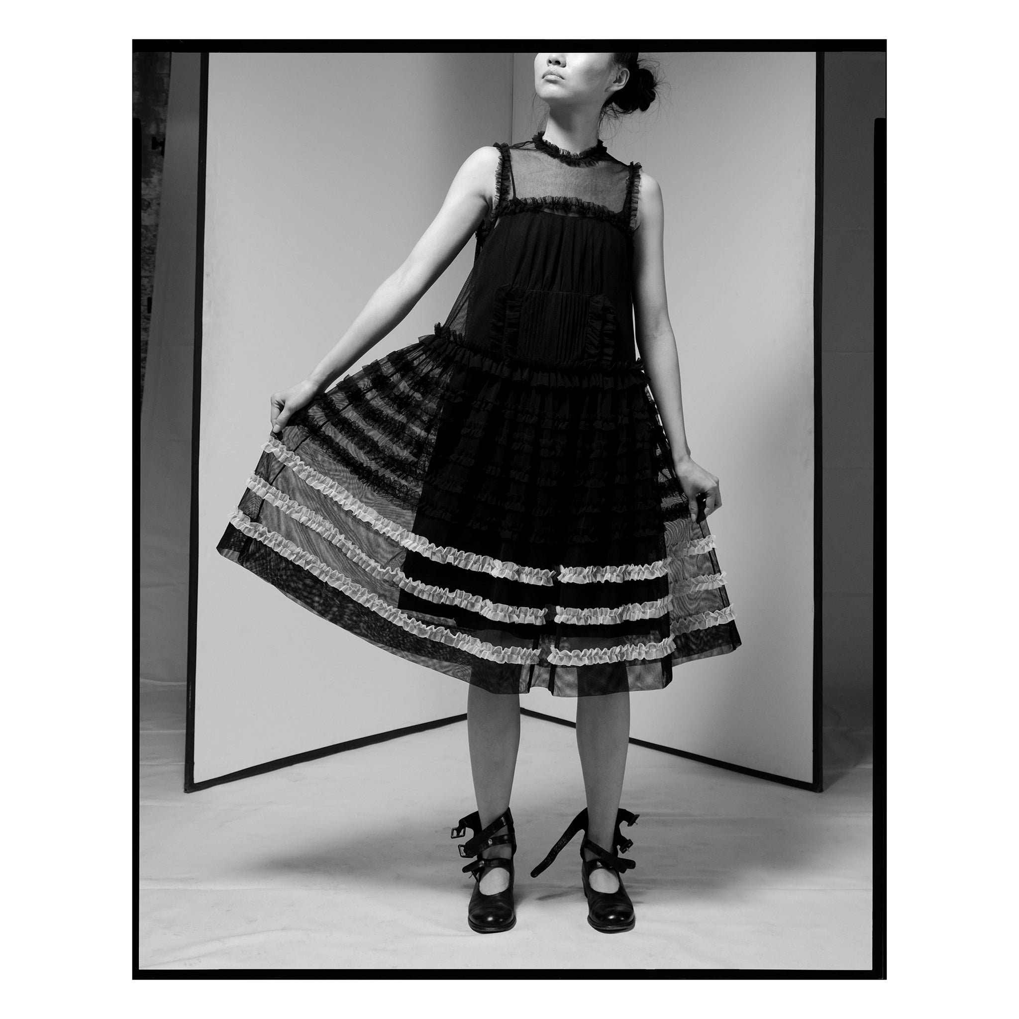 Black Cotton Tulle Striped Midi Dress