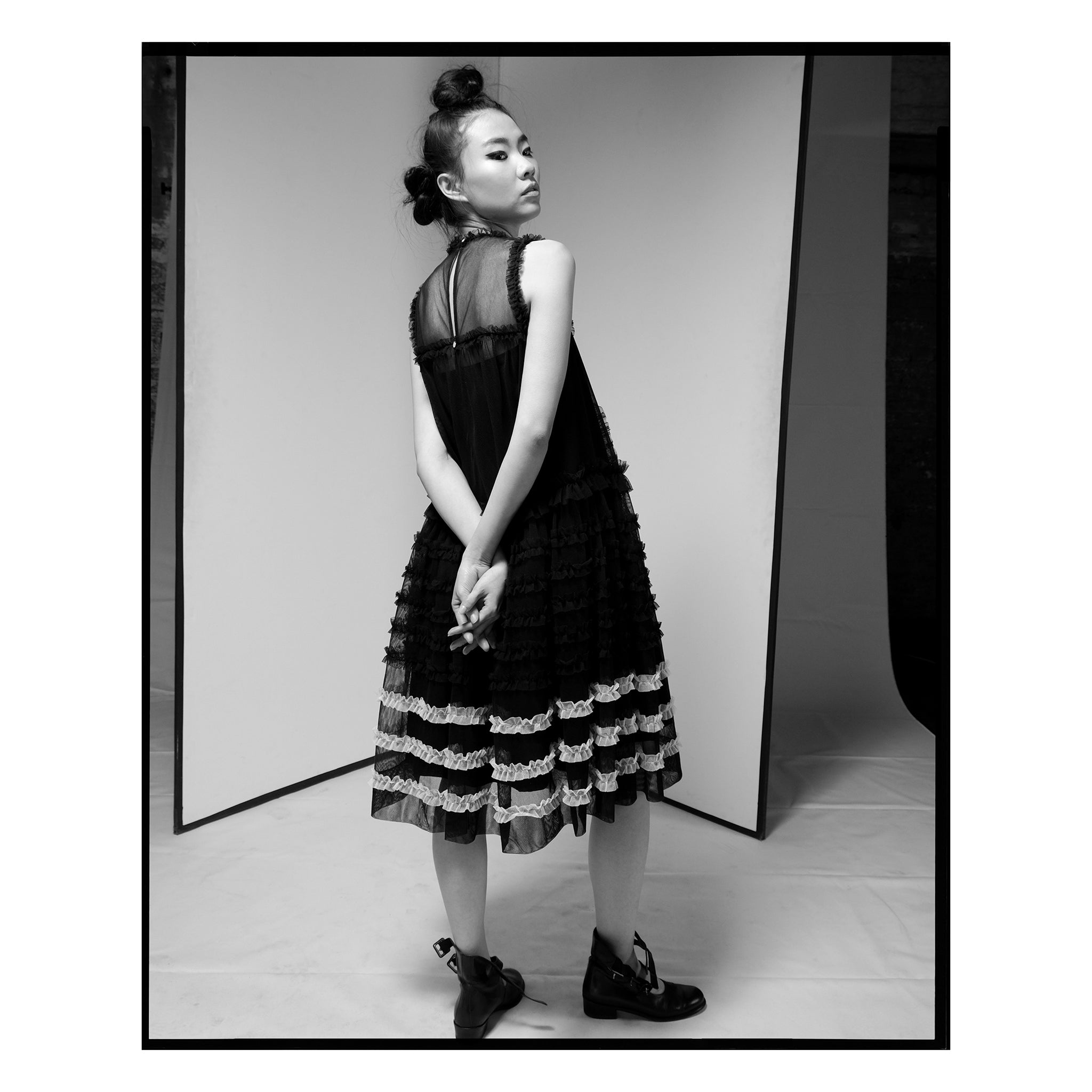 Black Cotton Tulle Striped Midi Dress