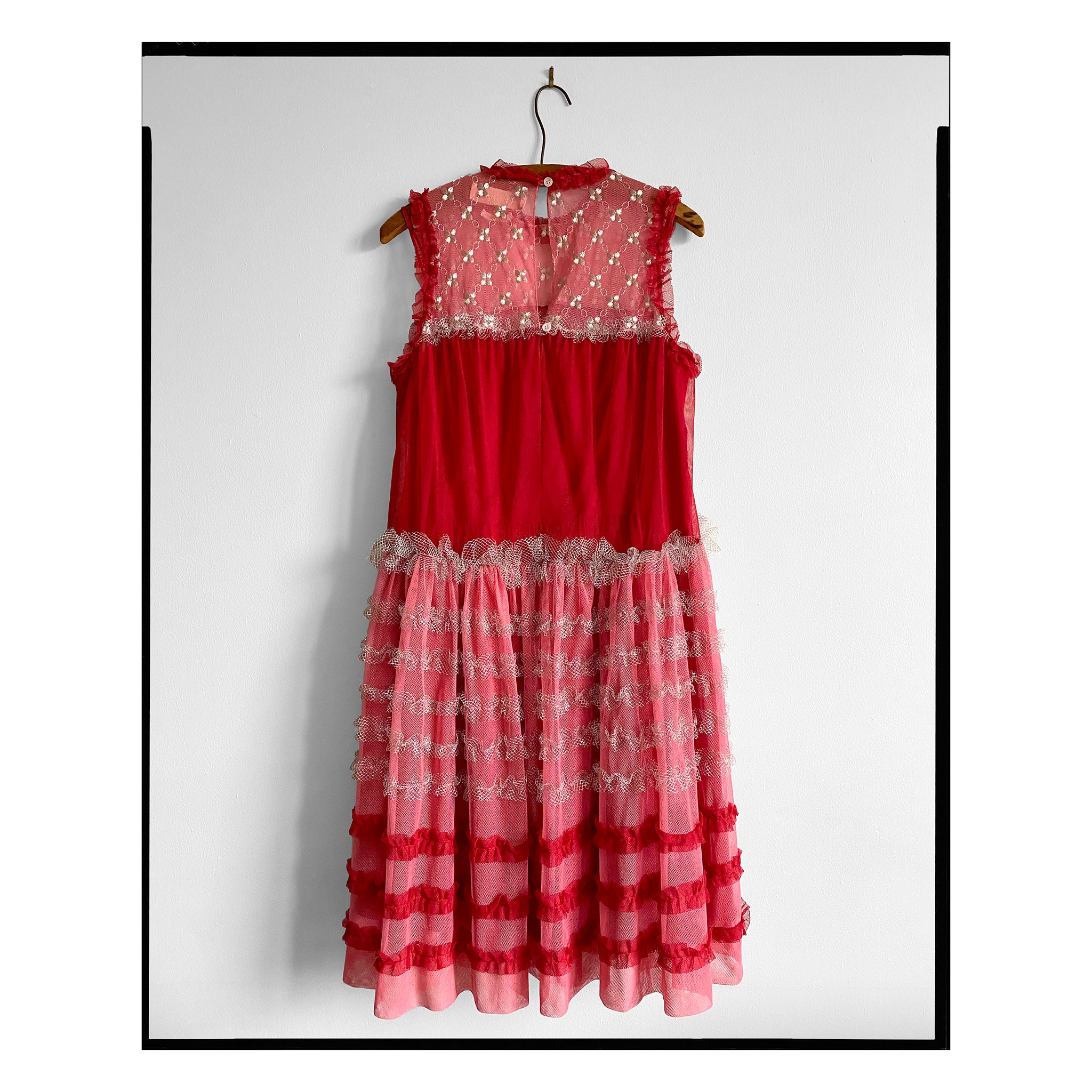 Embellished Pink & Red Tulle Midi Dress