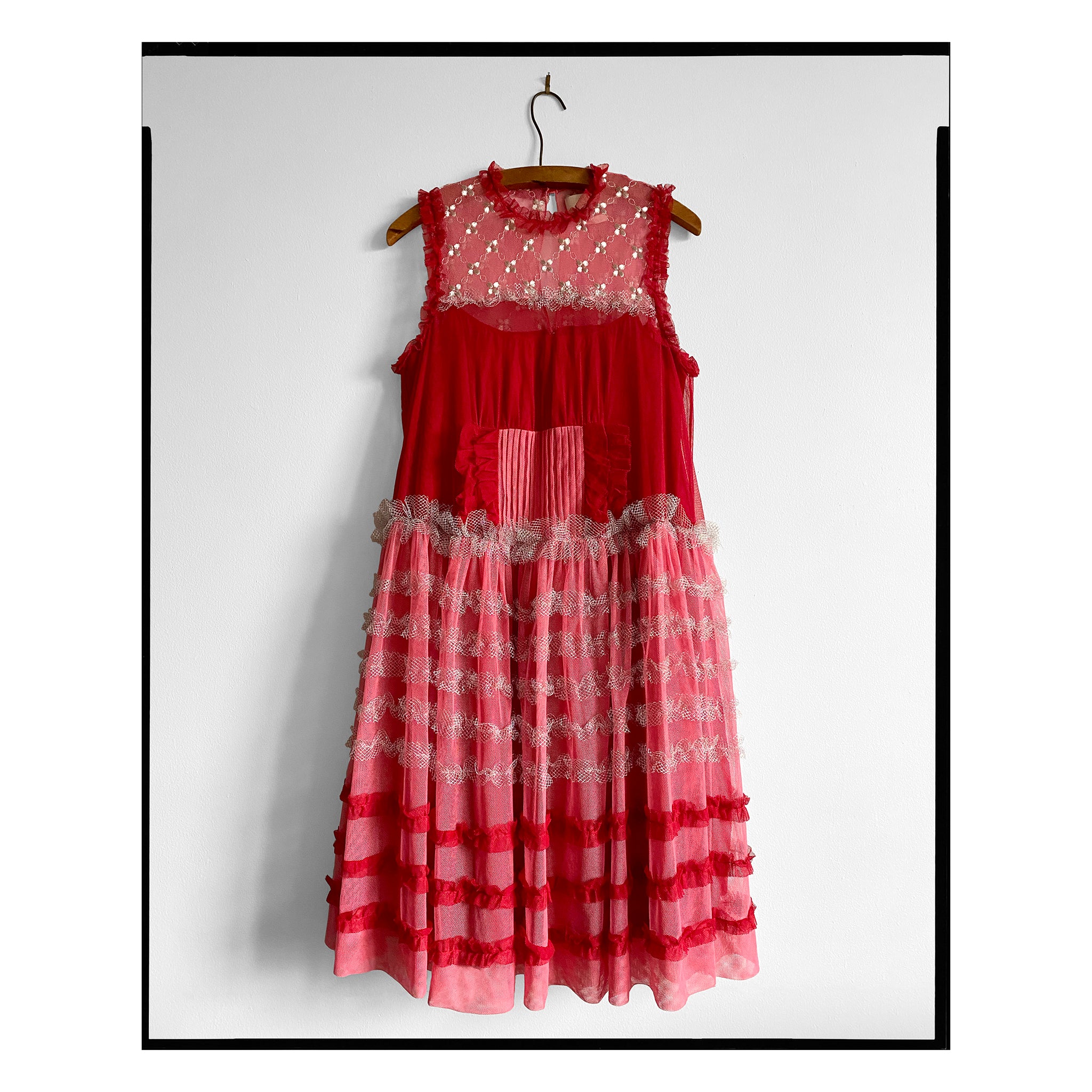 Embellished Pink Red Cotton Tulle Striped Midi Dress