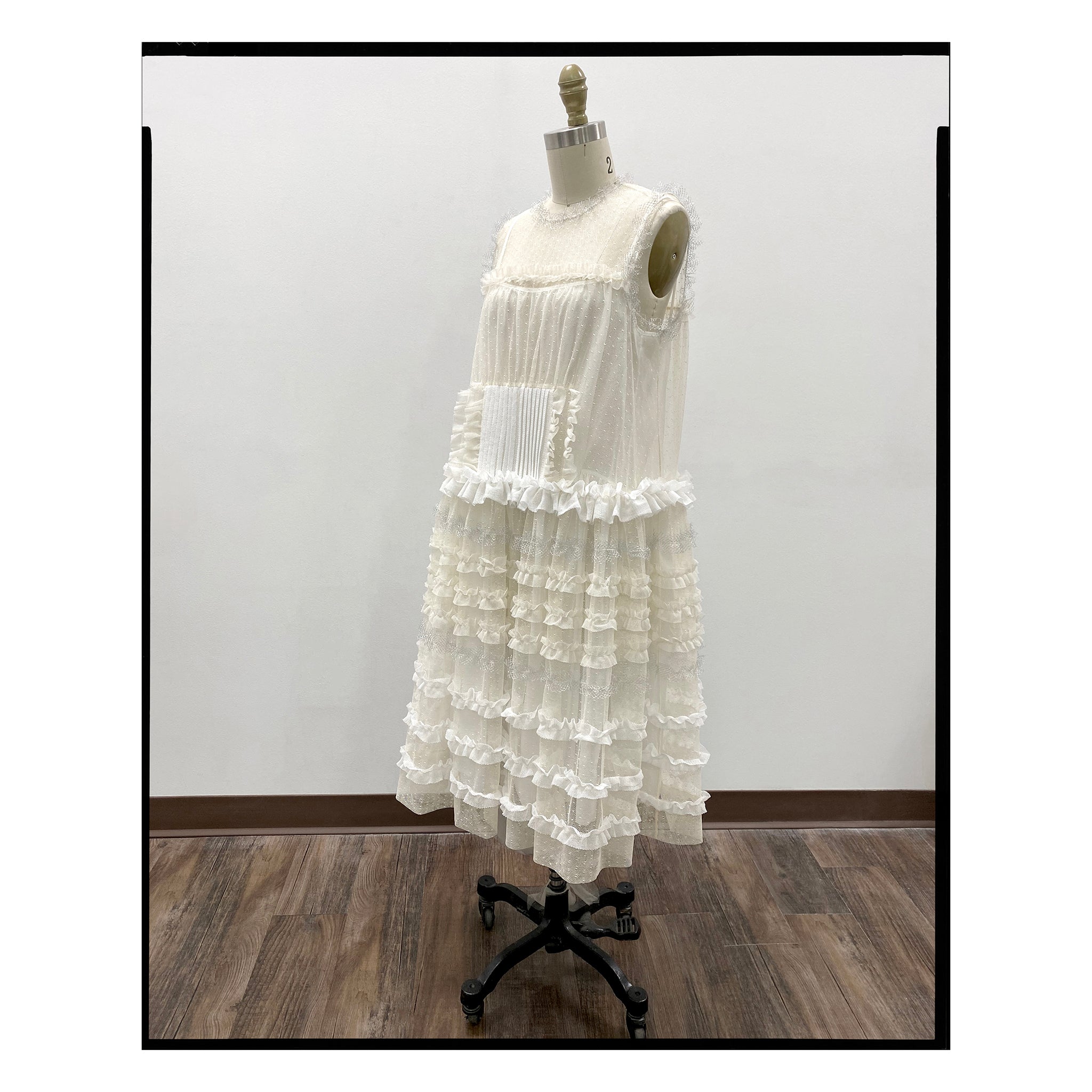 Ivory Point D'esprit Tulle Striped Midi Dress