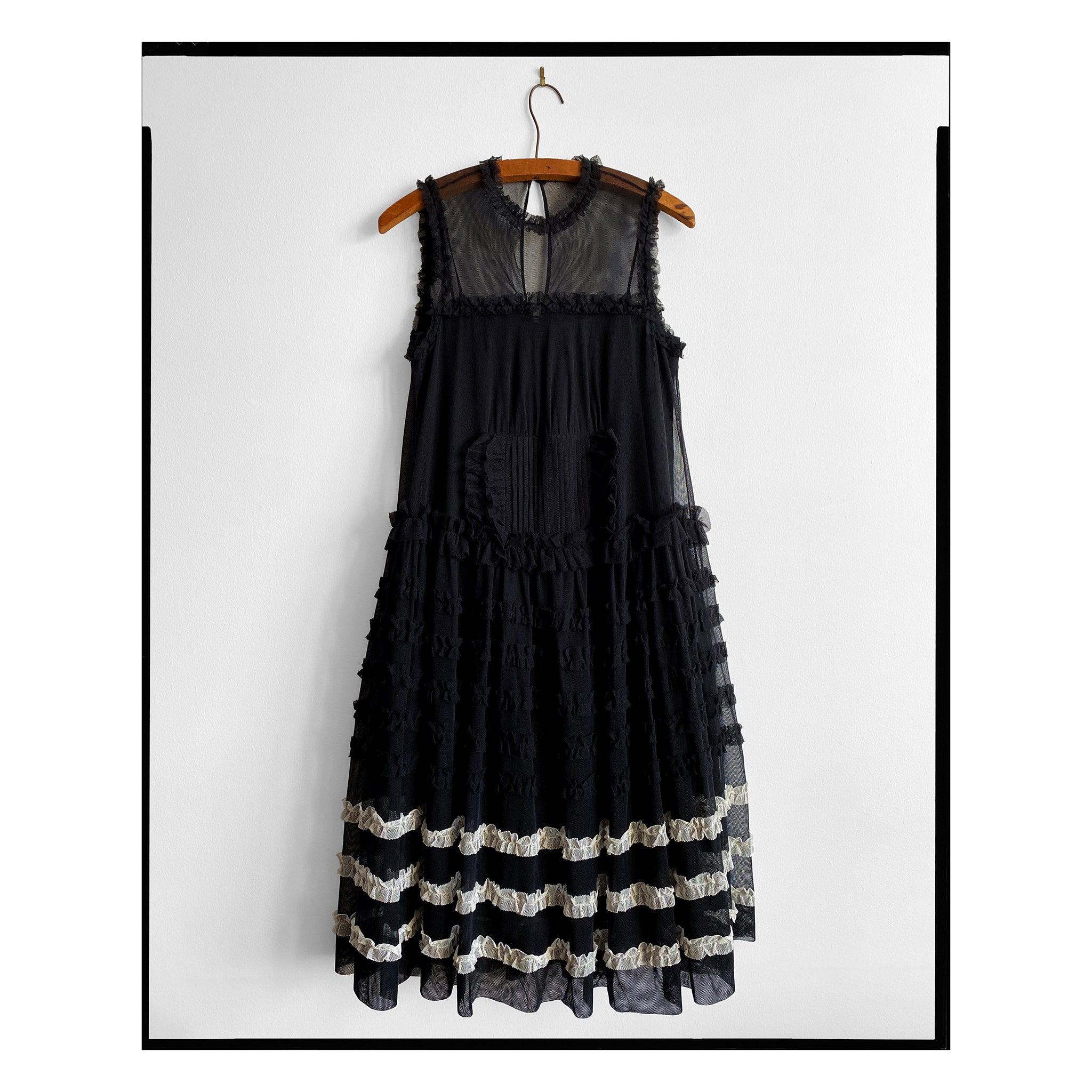 Black Cotton Tulle Striped Midi Dress