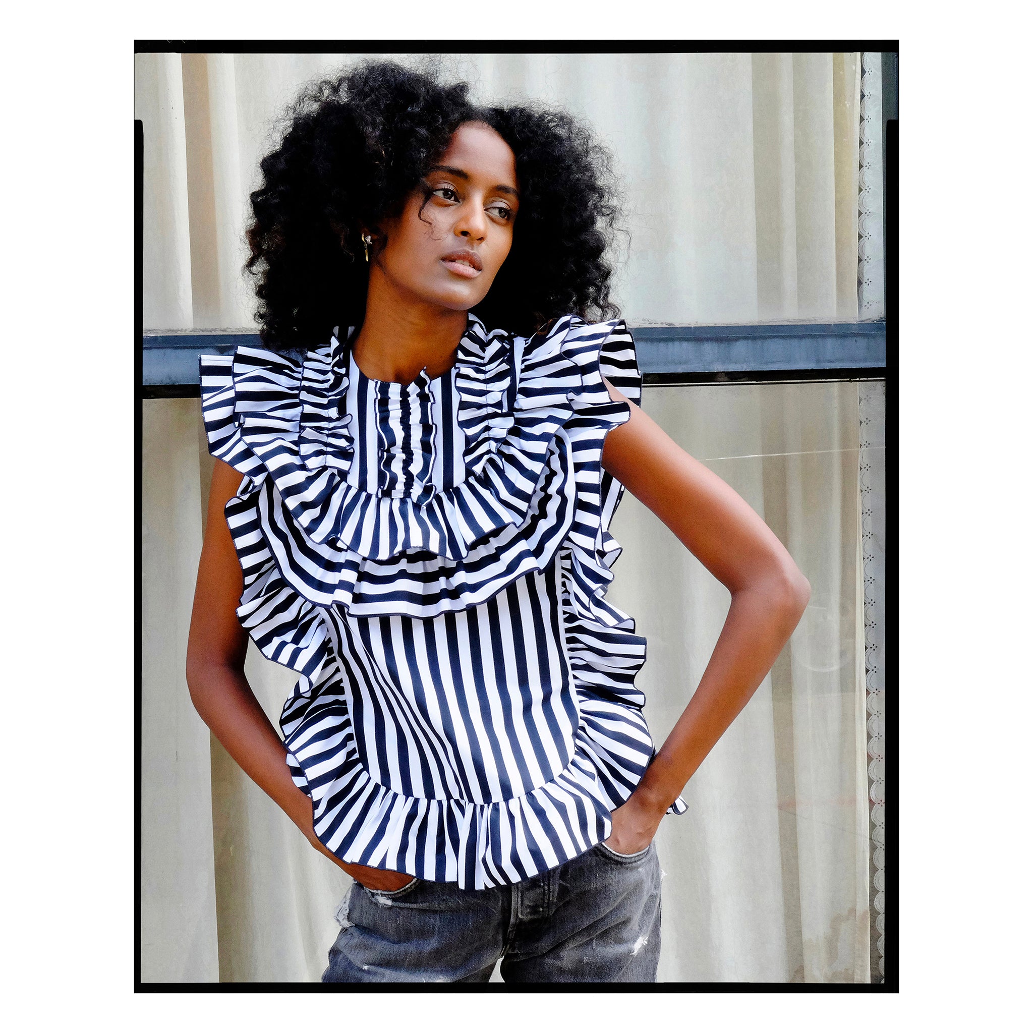 Black & White Stripe Poplin Ruffle Yoke Top