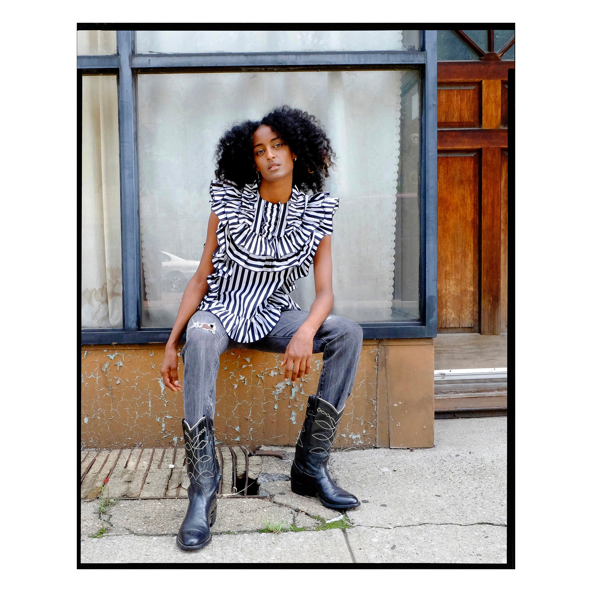 Black & White Stripe Poplin Ruffle Yoke Top
