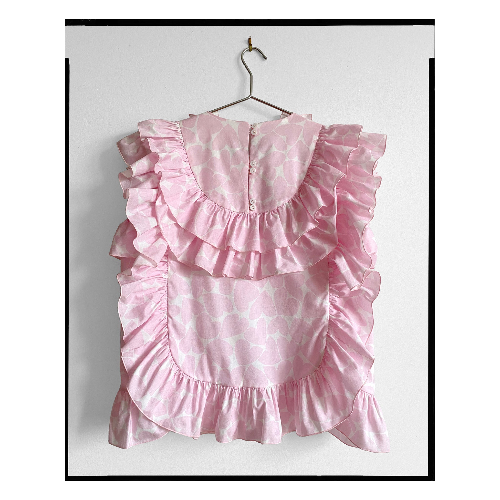 Heart Print Poplin Ruffle Yoke Top