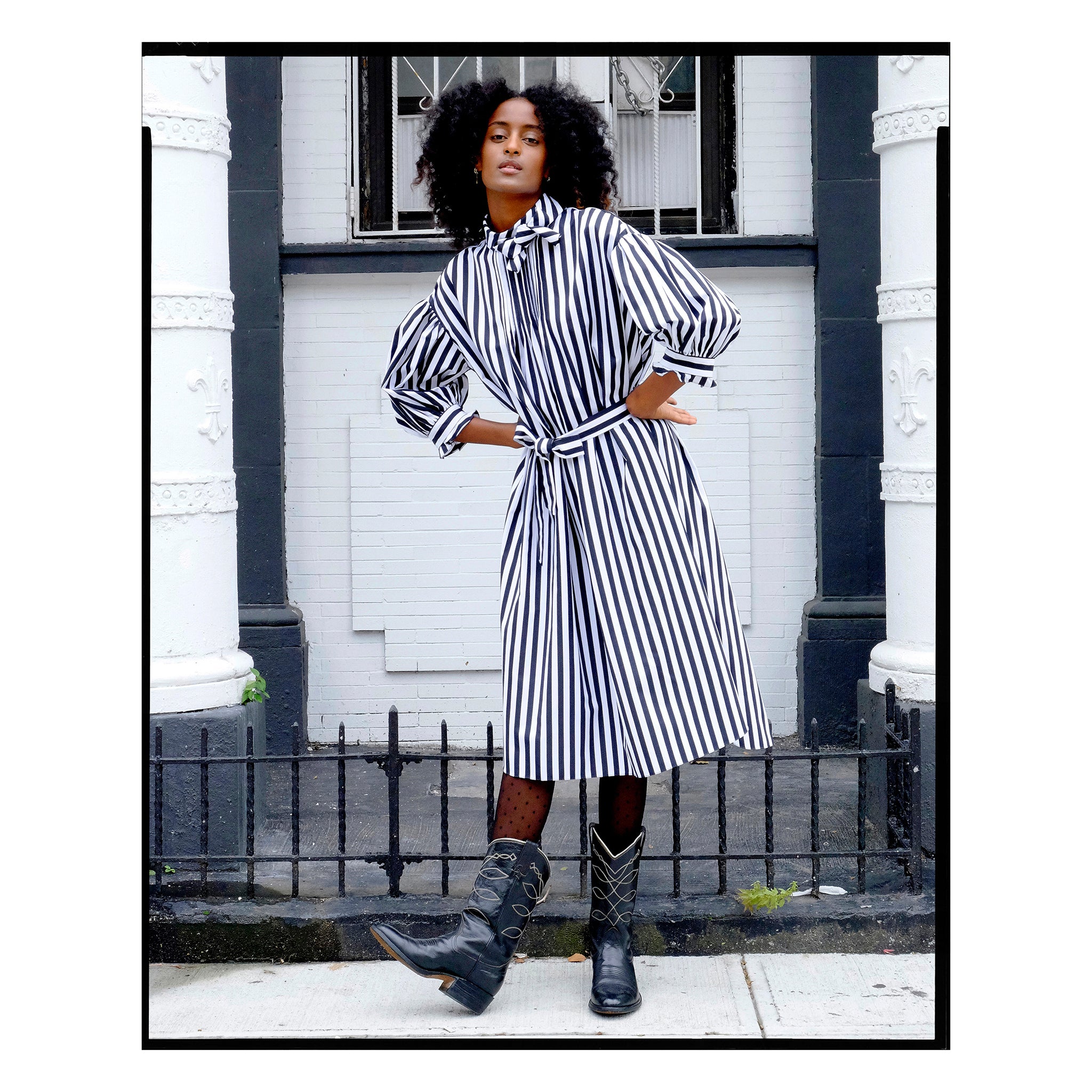 Black & White Striped Poplin Bow Dress