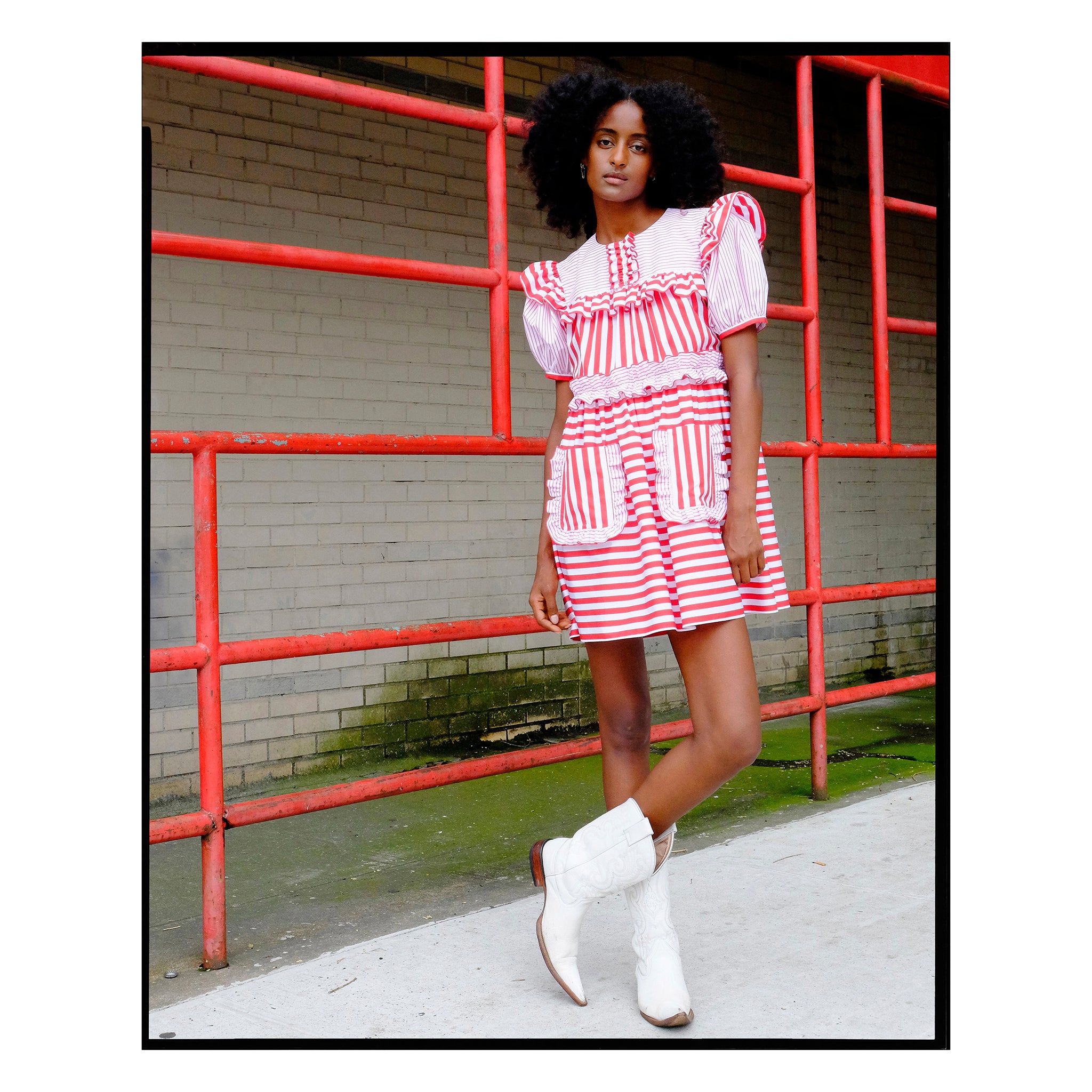 Pink & Red Stripe Poplin Puff Mini Dress