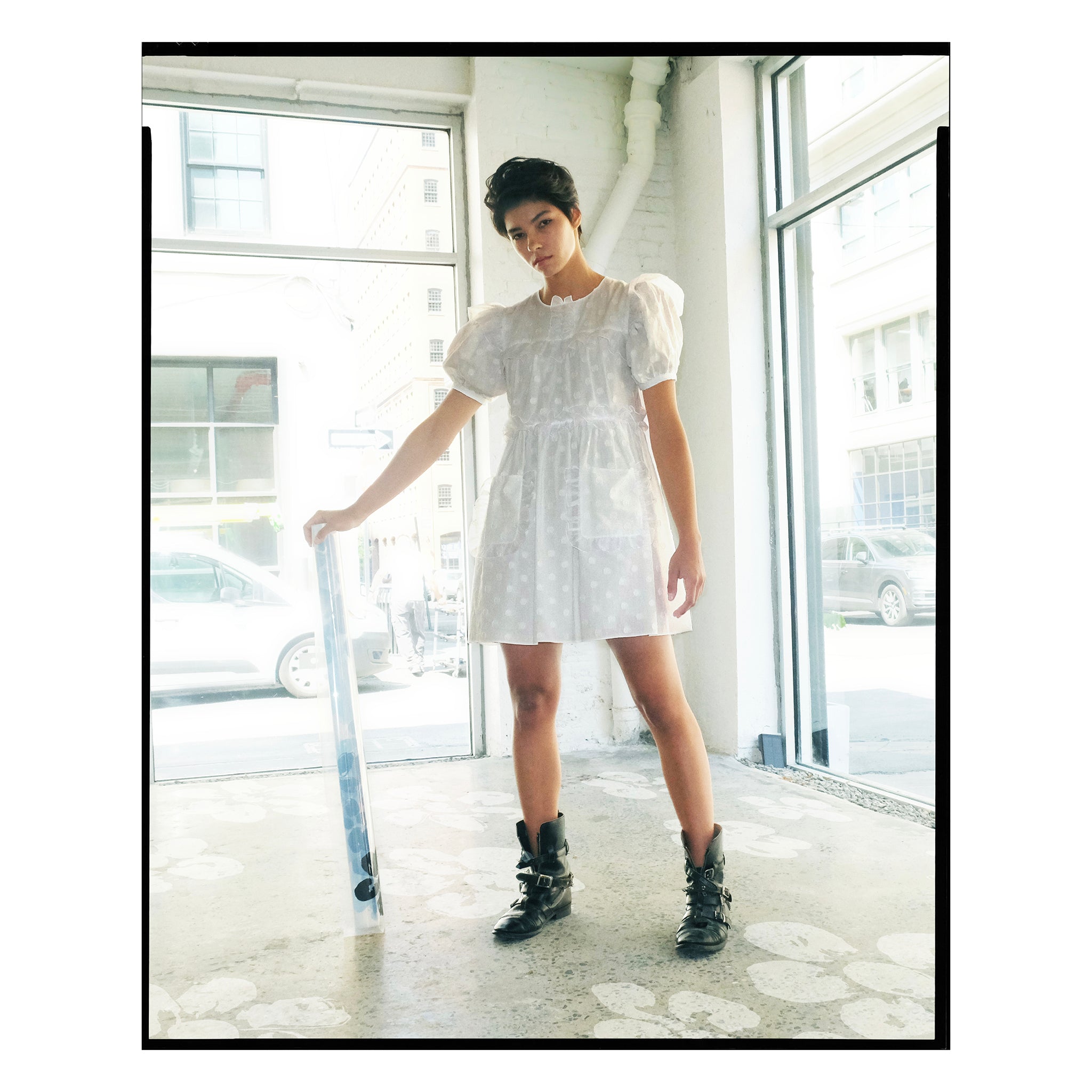 White Dot Poplin Puff Sleeve Mini Dress