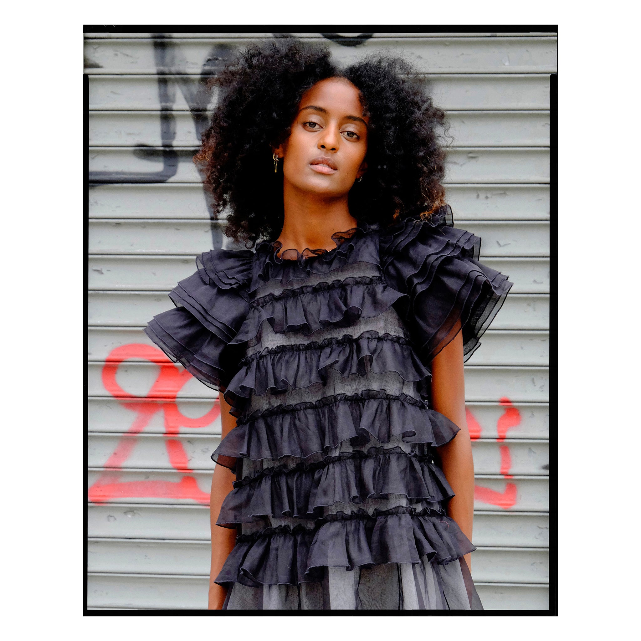Black Organdy Ruffle Layered Dress