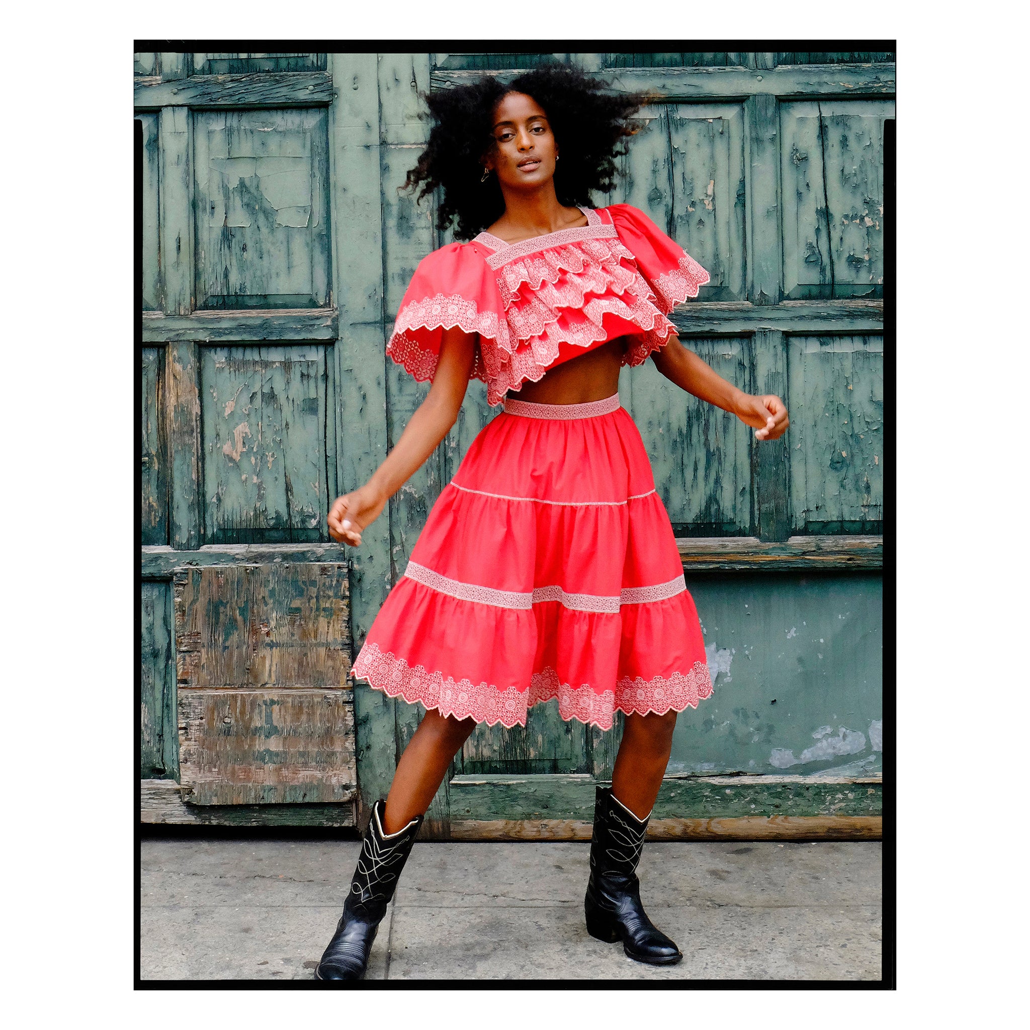 Red & Silver Broderie Anglaise Tiered Skirt
