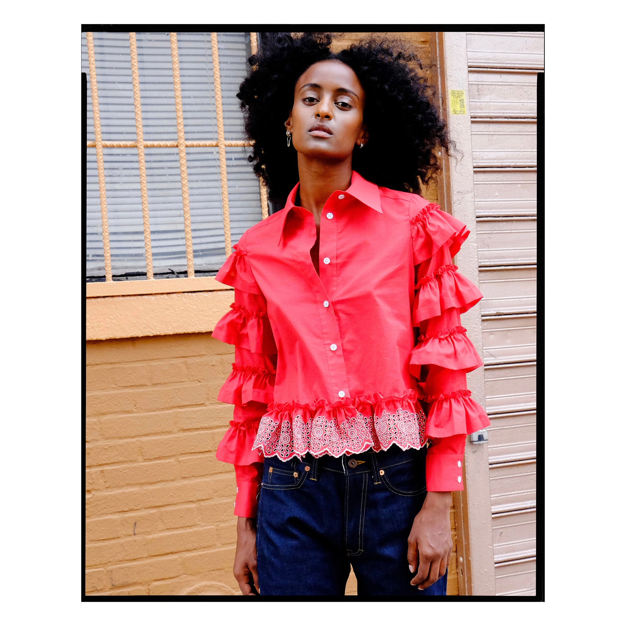 Red & Silver Broderie Anglaise Peplum Shirt