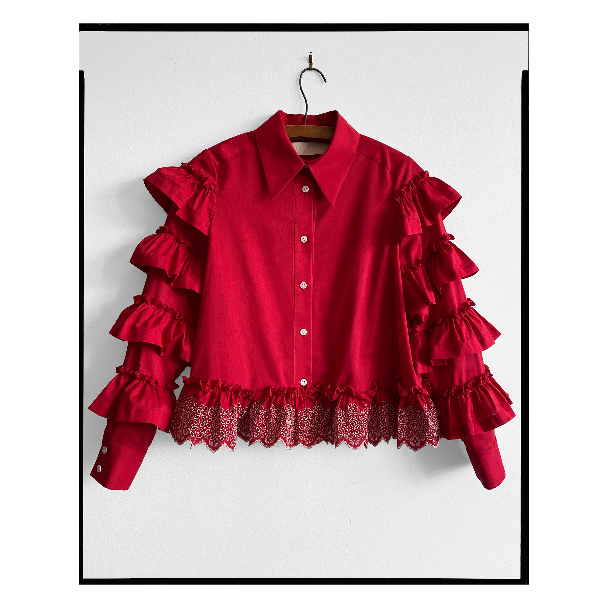 Red & Silver Broderie Anglaise Peplum Shirt