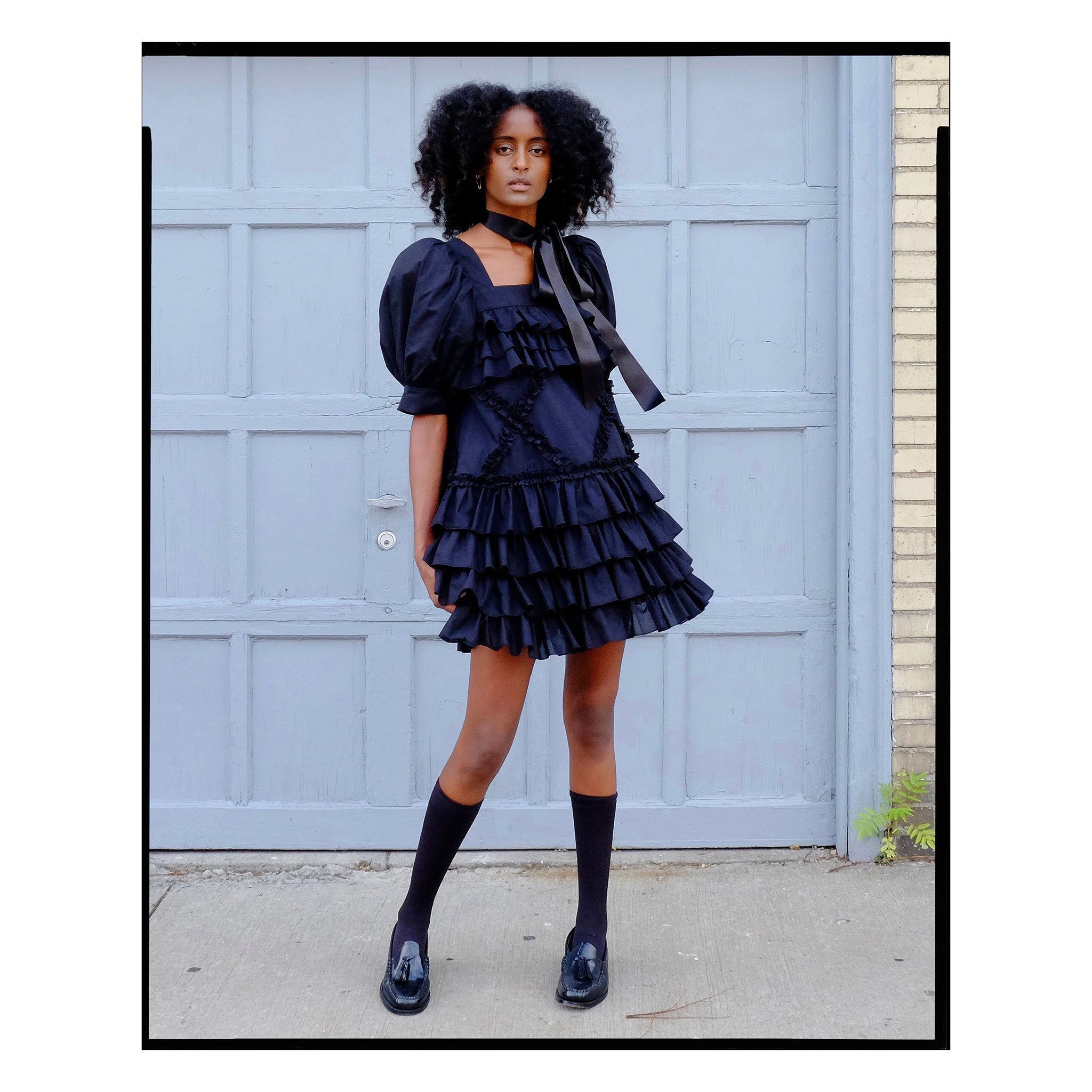 Black Voile Diamond Ruffle Dress