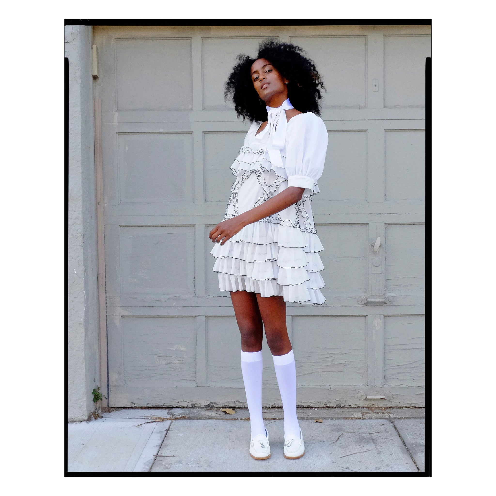 Ivory Voile Diamond Ruffle Dress