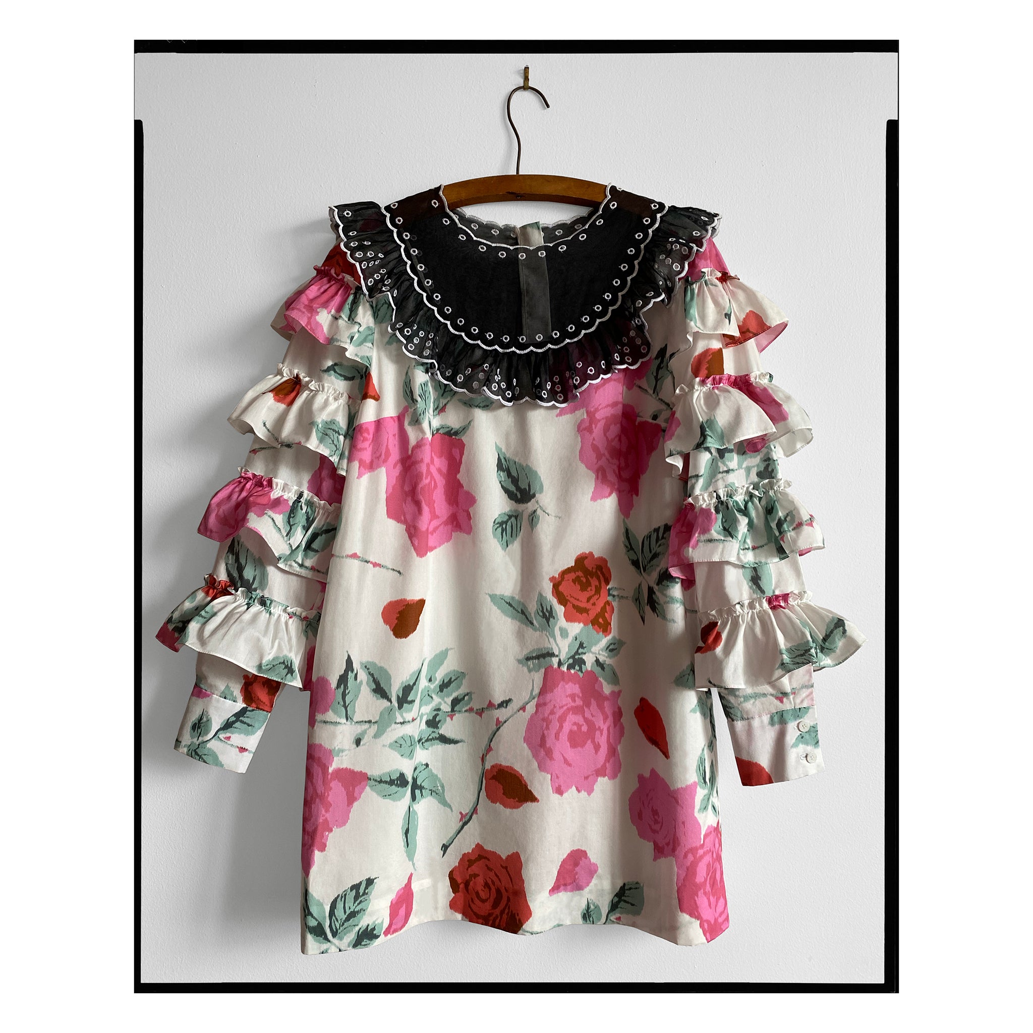 Archival Rose Print Poplin Ruffle Shift Dress