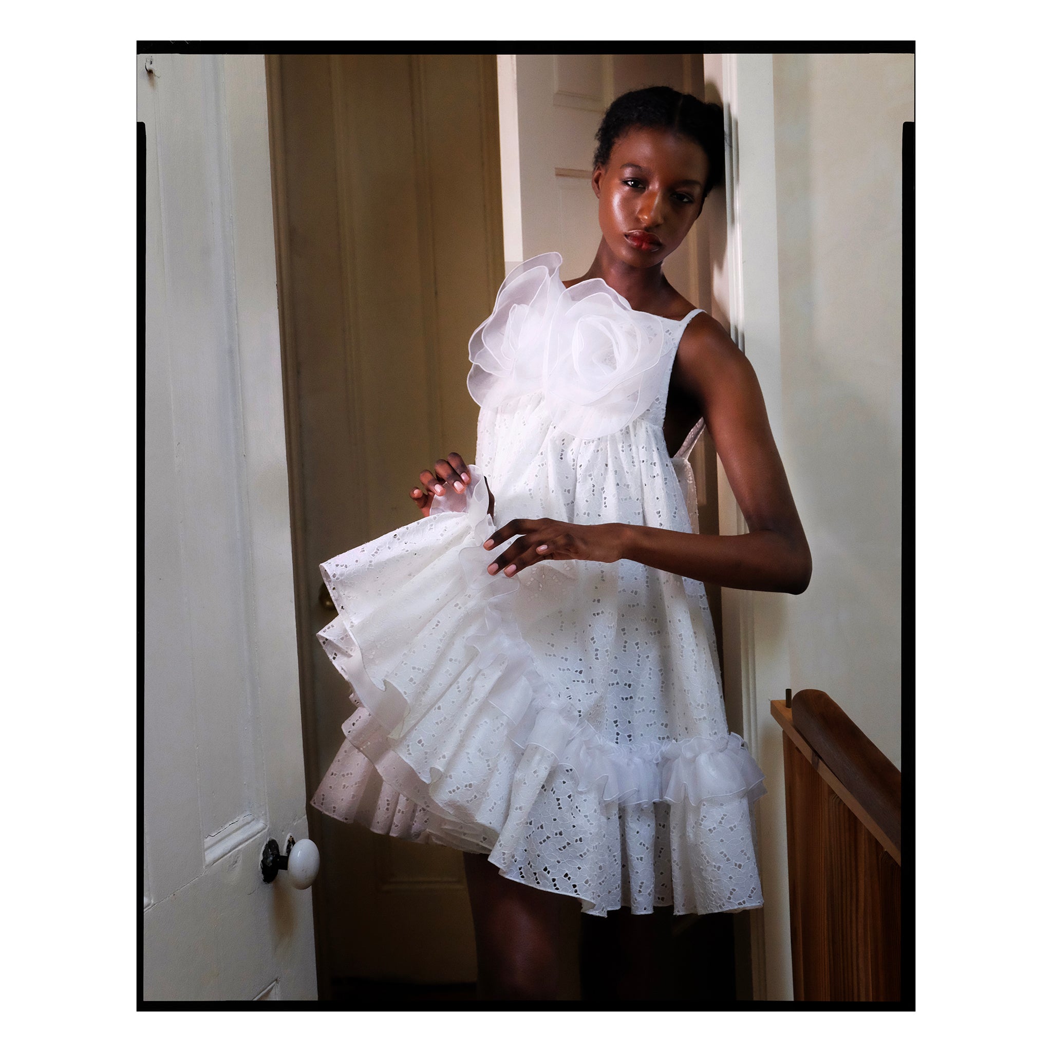White Eyelet Rose Trapeze Mini Dress