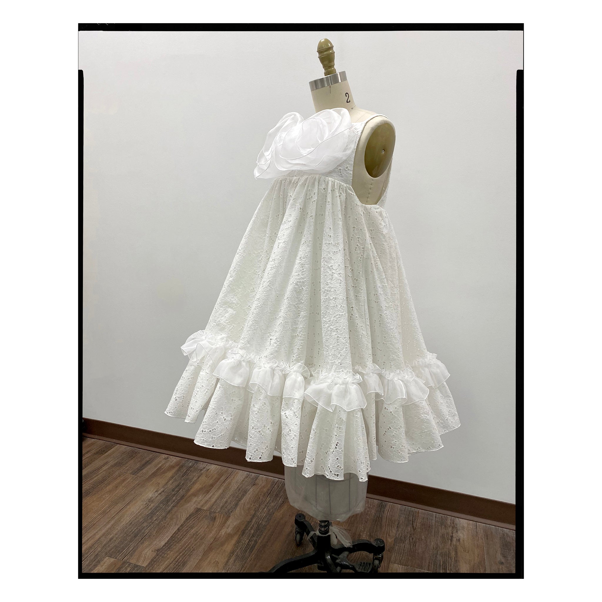 White Eyelet Rose Trapeze Mini Dress