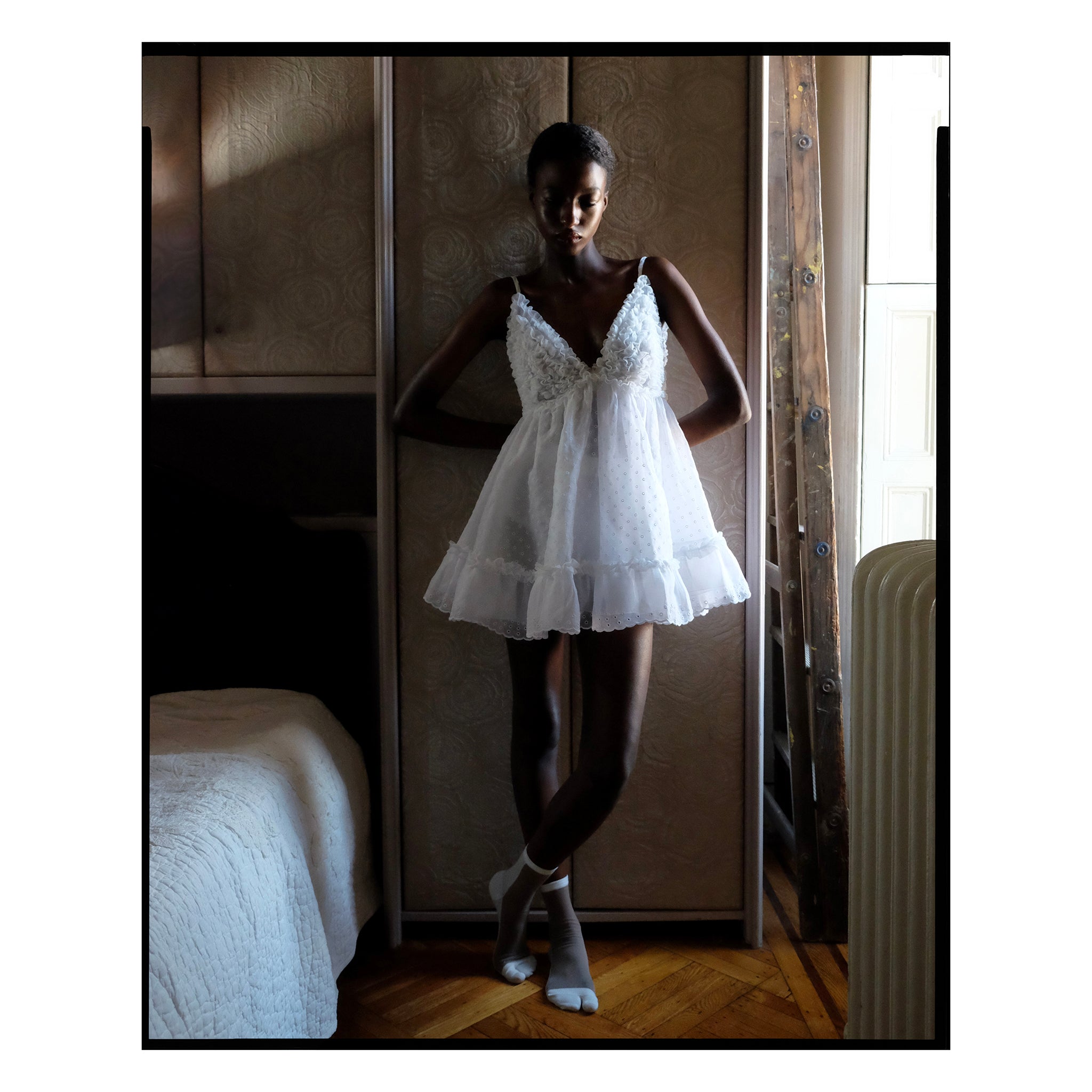 White San Gallo Organdy Ruffled Mini Dress