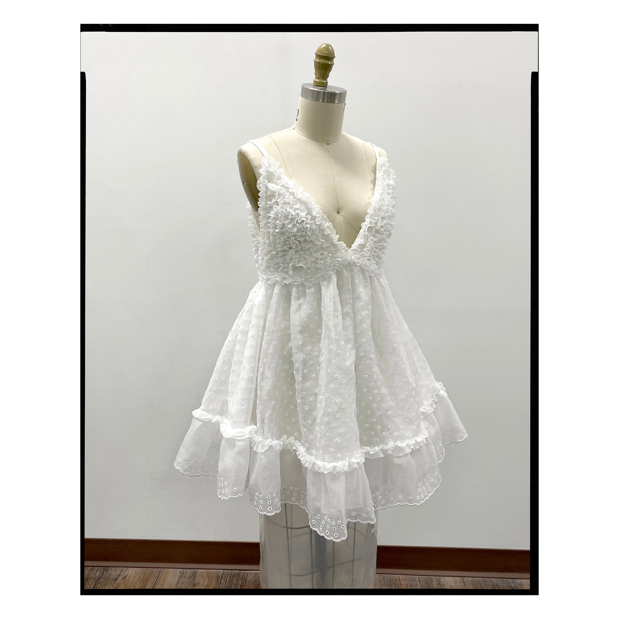 White San Gallo Organdy Ruffled Mini Dress